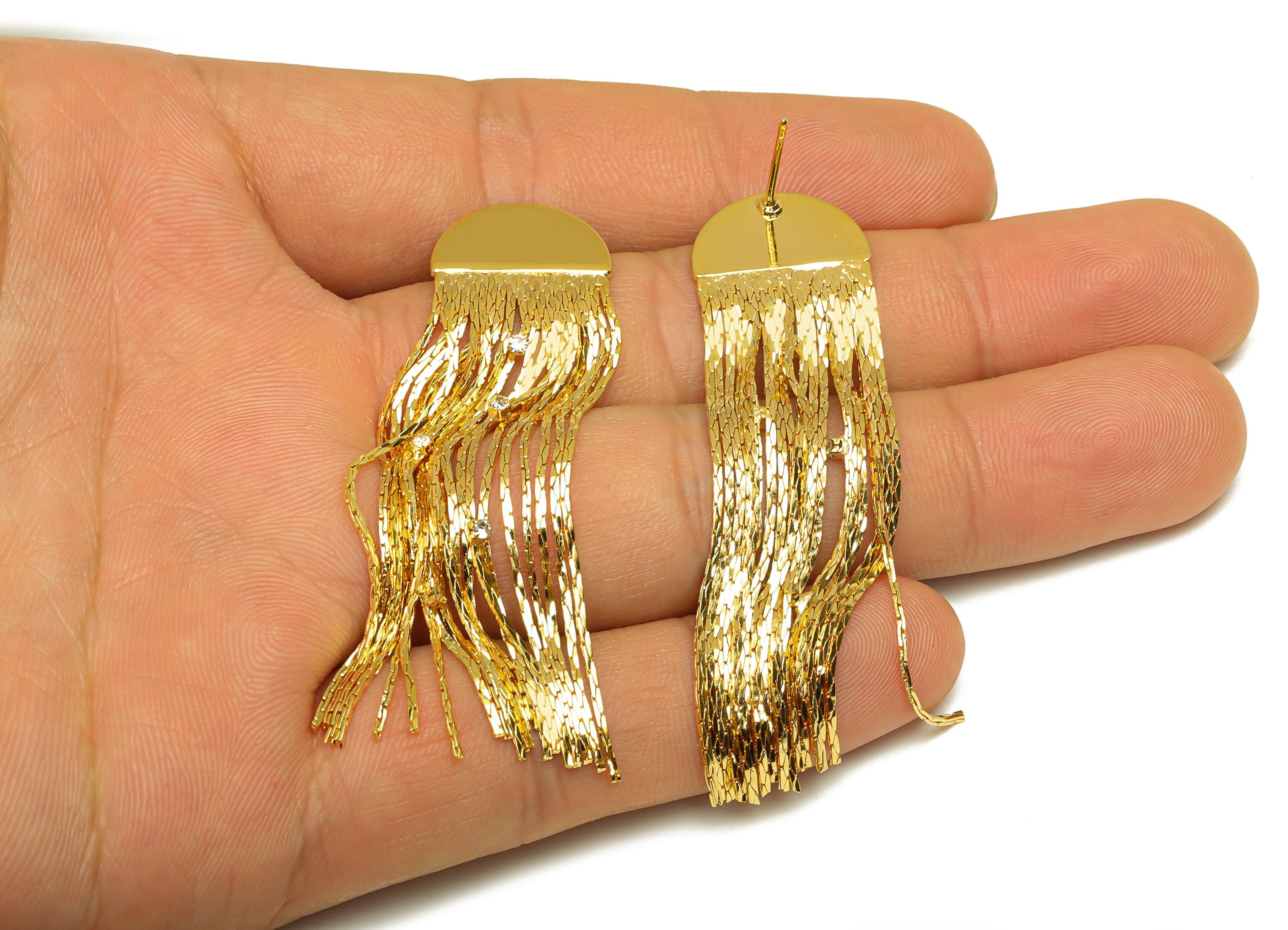 Brass Moon Tassel Earring Stud - CZ Tassel Wire Earring Post - Cubic Zircon Tassel Earring Post - 18K Real Gold Plated - 63x16x1mm - RGP7328 - DOMEDBAZAAR