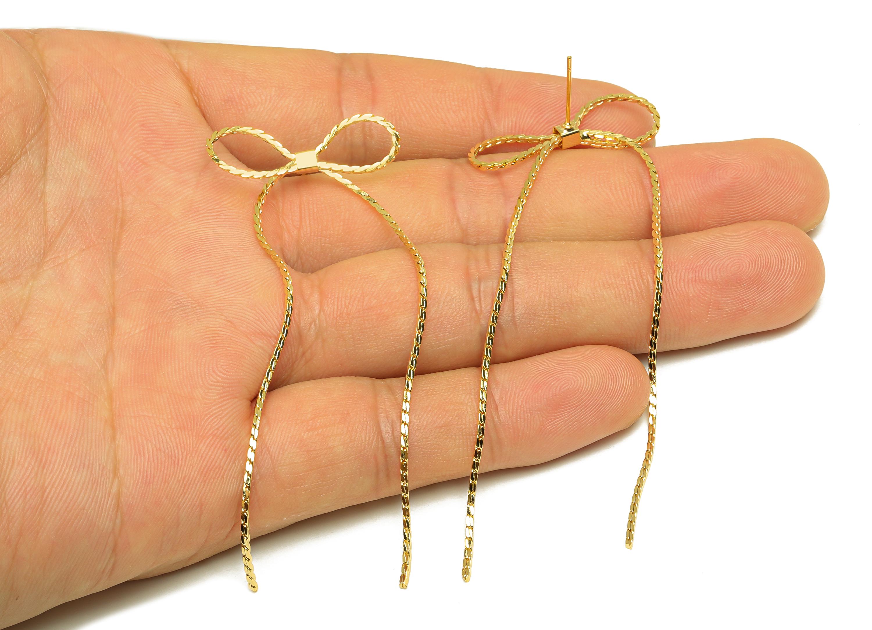 Brass Tassel Earring Stud - Butterfly Bow Tassel Wire Earring Post - Chian Tassel Earring Post - 18K Real Gold Plated - 81x28x1mm - RGP7334 - DOMEDBAZAAR