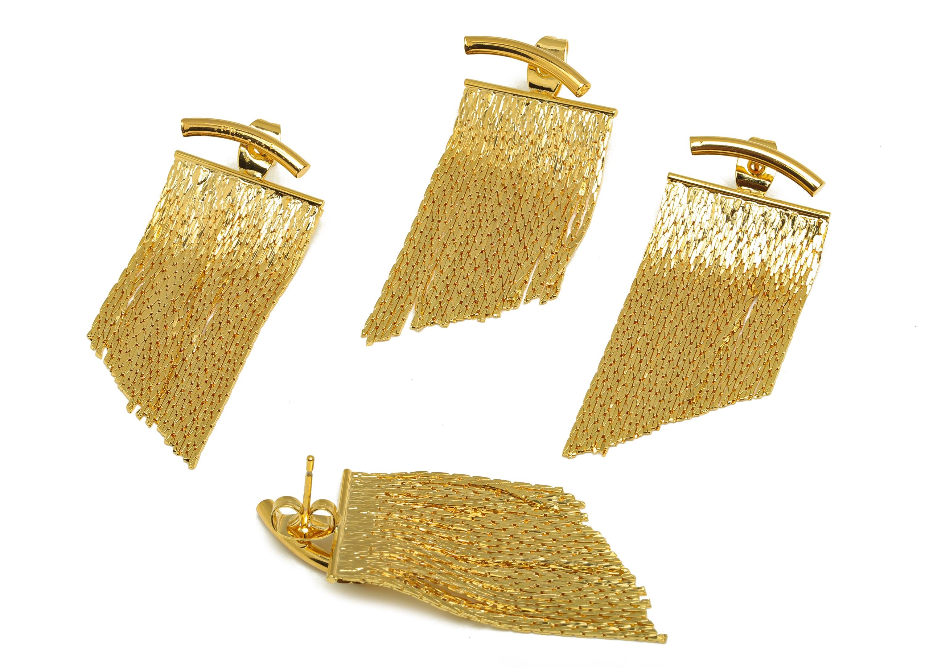 Brass Tassel Earring Stud - Bent Stick Tassel Earring Post - Snake Chian Tassel Earring Post - 18K Real Gold Plated - 43.3x18x1mm - RGP7317 - DOMEDBAZAAR
