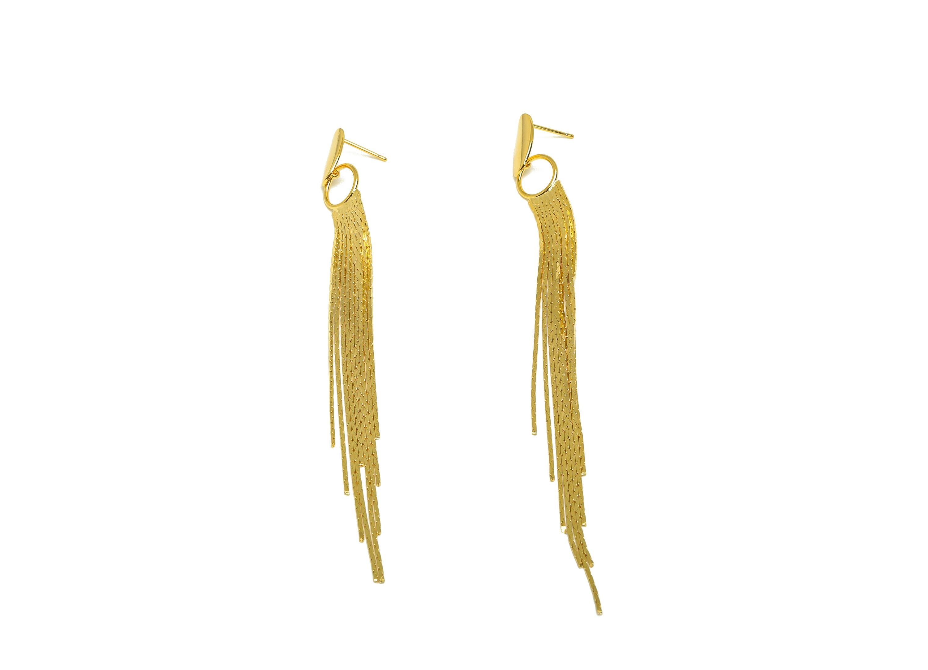 Brass Tassel Earring Stud - Bent Oval Tassel Earring Post - Geometry Chian Tassel Earring Post - 18K Real Gold Plated - 112x9x1mm - RGP7316 - DOMEDBAZAAR