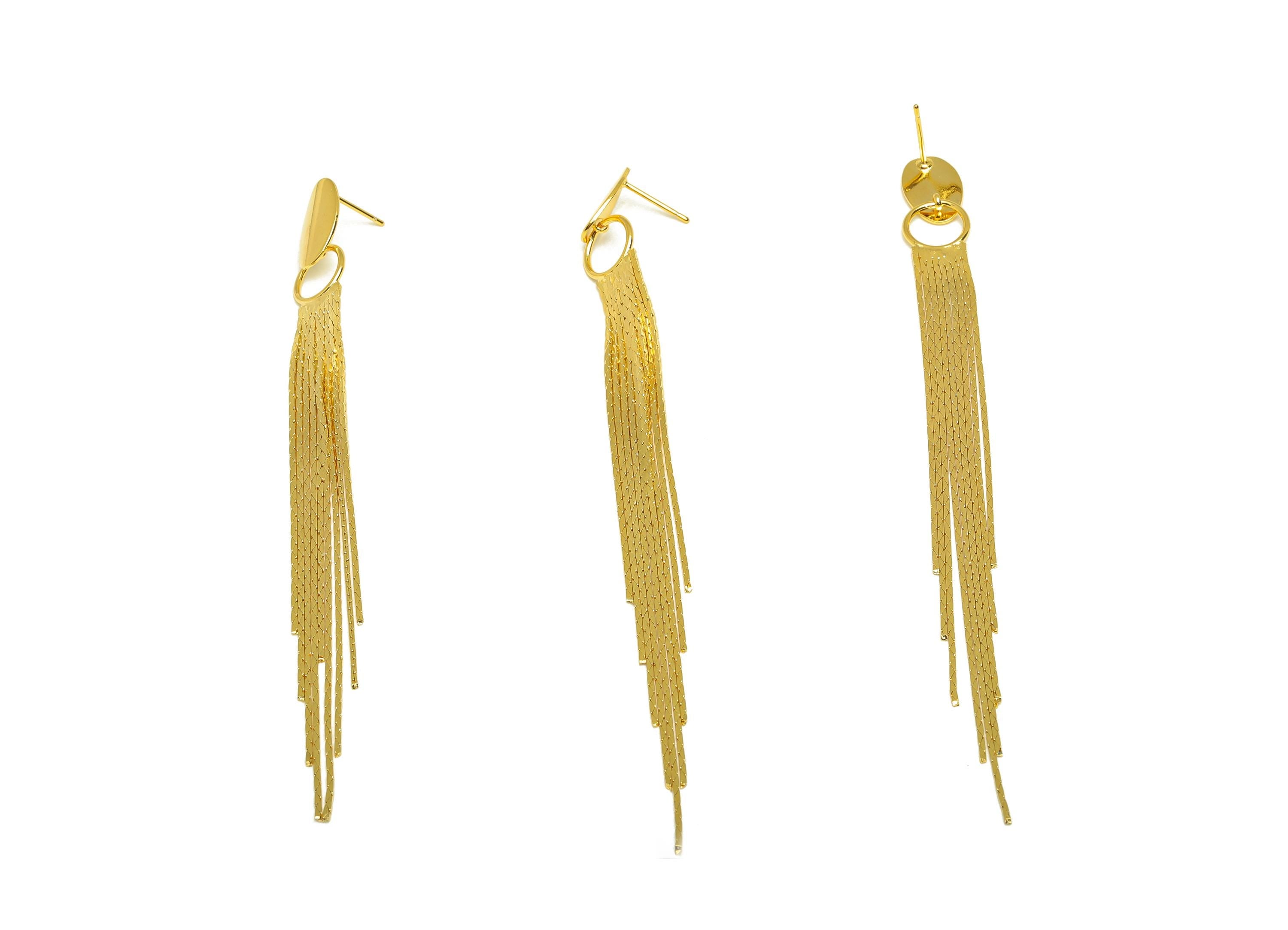 Brass Tassel Earring Stud - Bent Oval Tassel Earring Post - Geometry Chian Tassel Earring Post - 18K Real Gold Plated - 112x9x1mm - RGP7316 - DOMEDBAZAAR