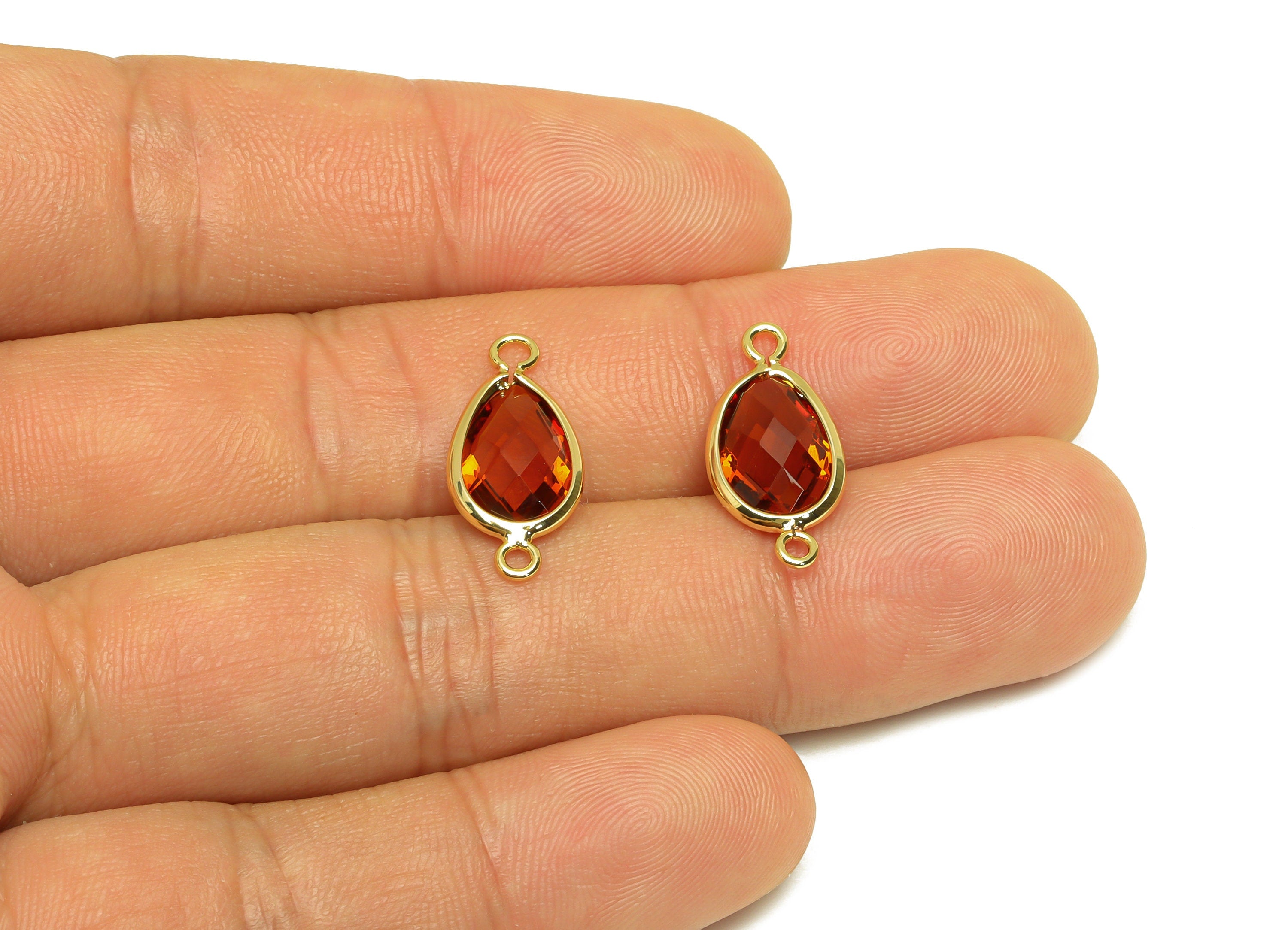Brass Teardrop Connector - Brass Faceted Glass Earring Charm - Brass Tawny Glass Connector - 18K Real Gold Plating - 19.82x9x4mm - RGP6920A - DOMEDBAZAAR
