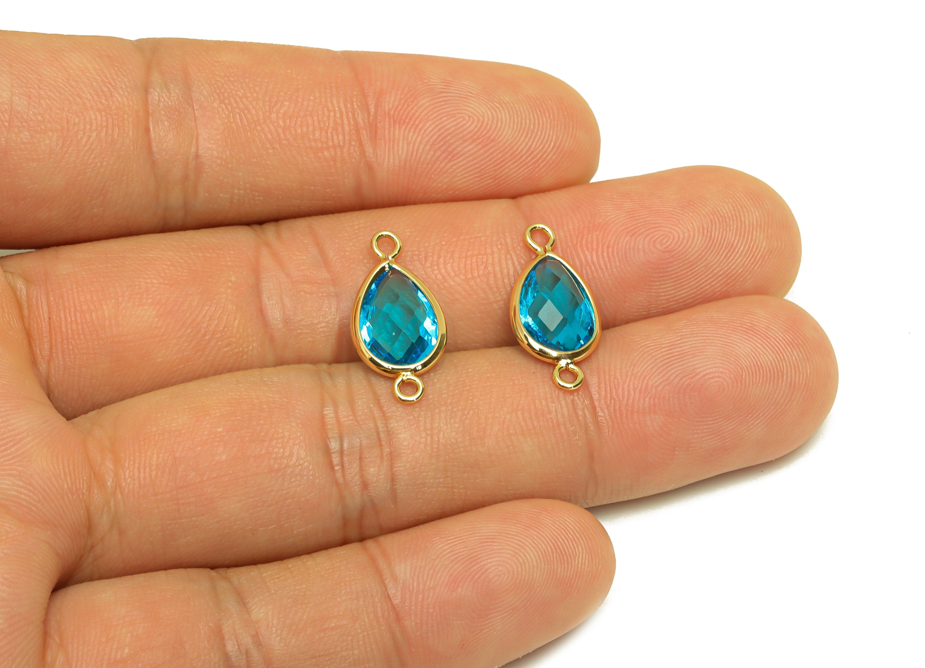 Brass Teardrop Connector - Brass Faceted Glass Earring Charm - Brass Hole Blue Glass Connector - 18K Real Gold Plating - 18x9x4mm -RGP6920M - DOMEDBAZAAR