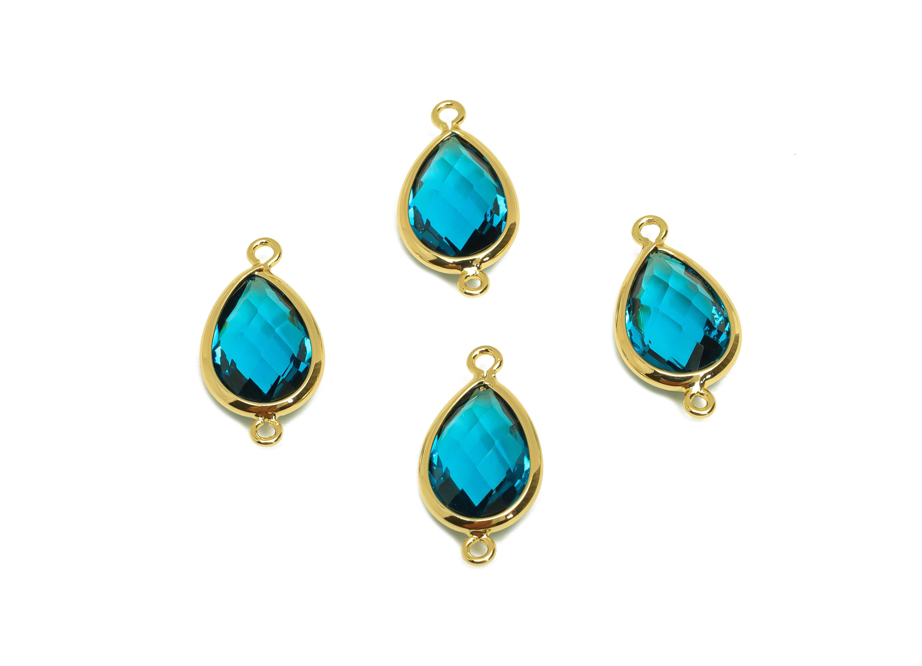 Brass Teardrop Connector - Brass Faceted Glass Earring Charm - Brass Lake Blue Glass Connector - 18K Real Gold Plated - 19x9x4mm - RGP6920F - DOMEDBAZAAR