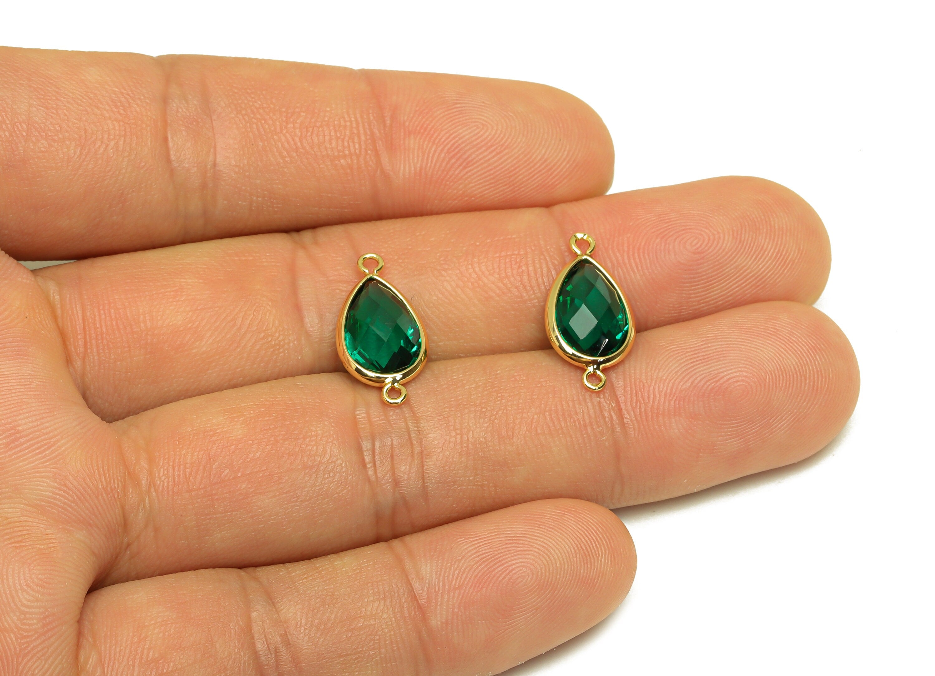 Brass Teardrop Connector - Brass Faceted Glass Earring Charm - Brass Hole Green Glass Connector - 18K Real Gold Plated - 18x9x4mm - RGP6920N - DOMEDBAZAAR