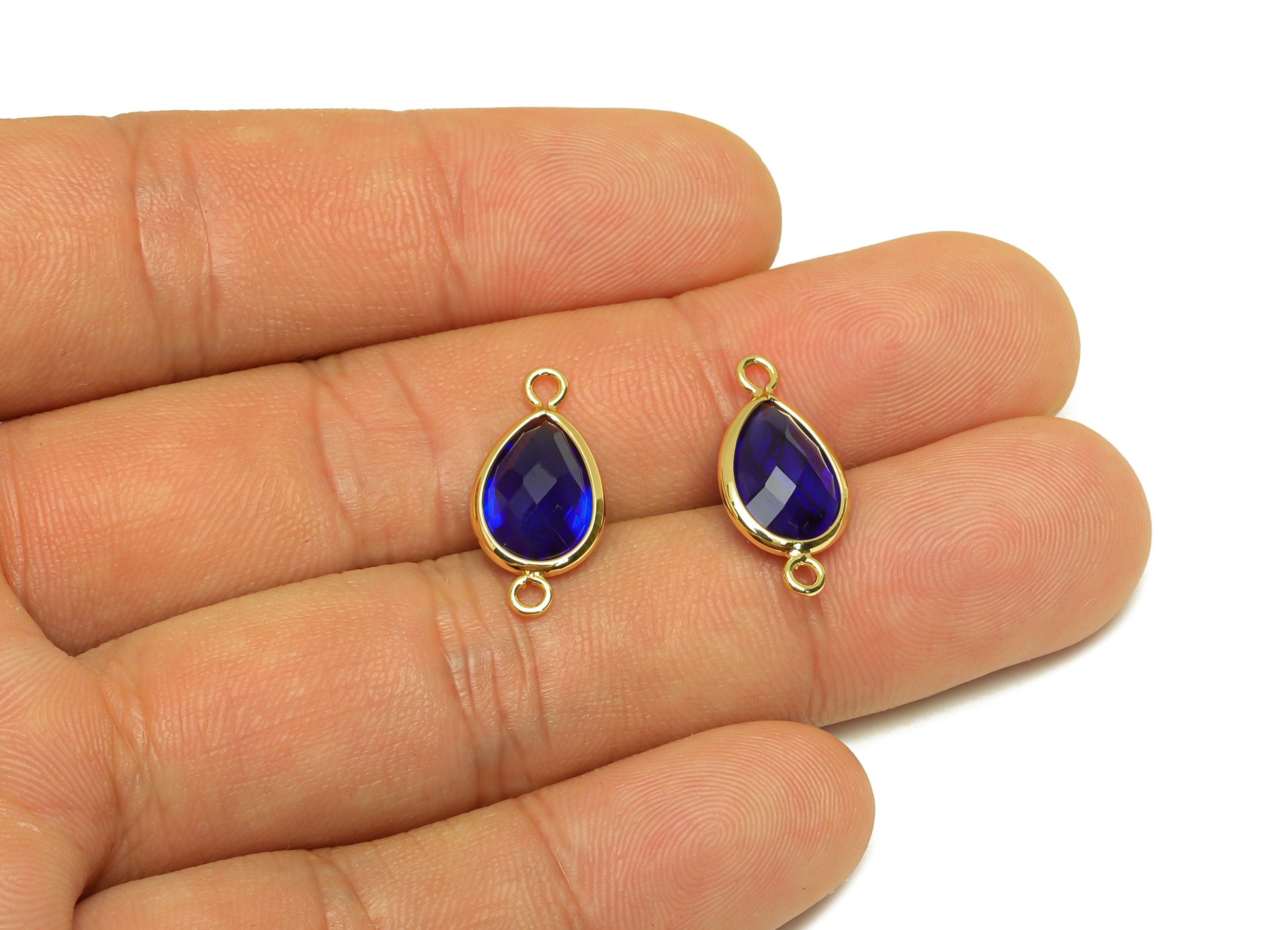 Brass Teardrop Connector - Brass Faceted Glass Earring Charm - Brass Medium Blue Glass Connector - 18K Real Gold Plated - 19x9x4mm -RGP6920P - DOMEDBAZAAR