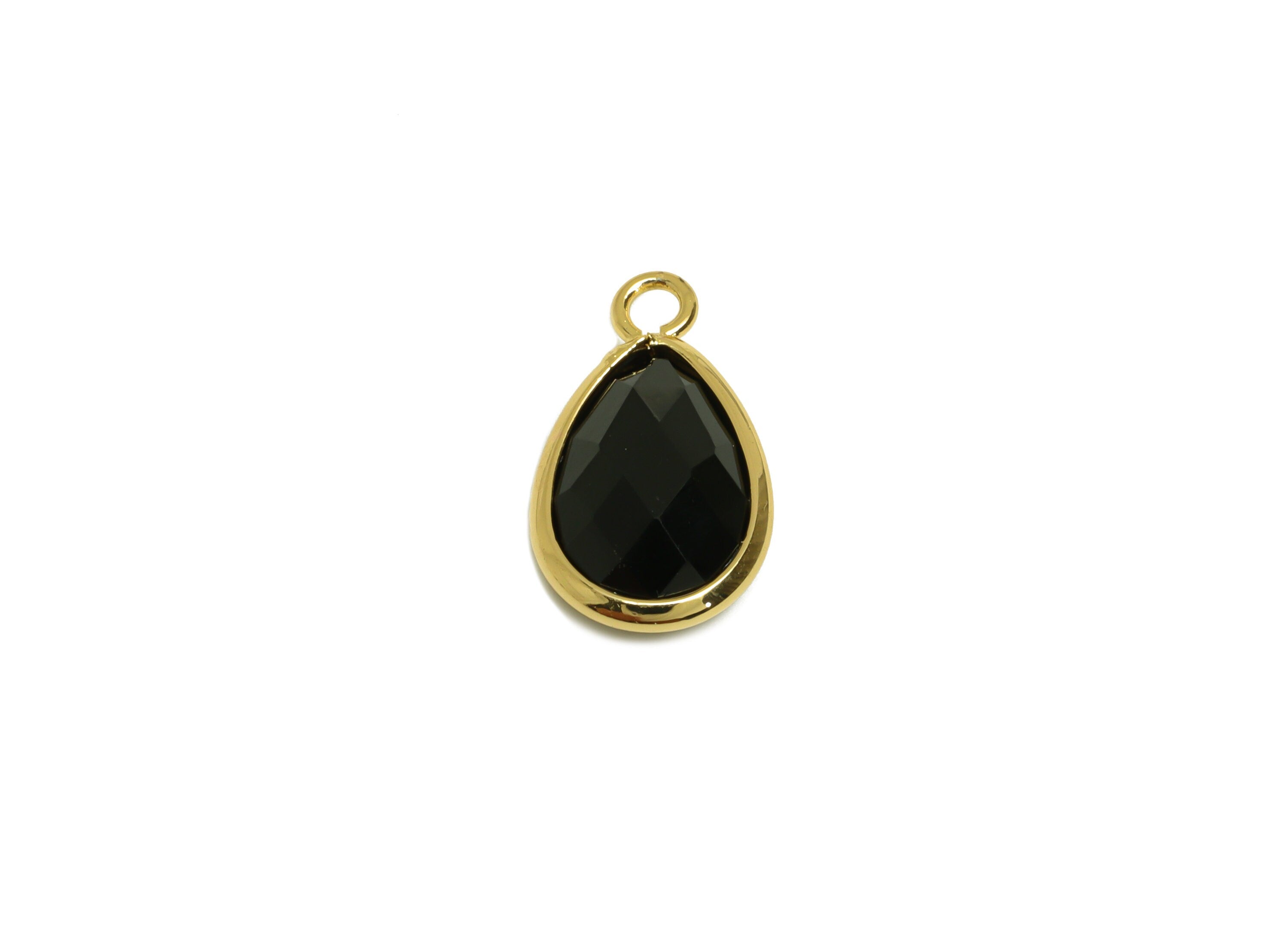 Brass Teardrop Earring Charm - Brass Faceted Glass Earring Charm - Brass Black Charm - 18K Real Gold Plated - 16.44x9.5x4.7mm- RGP6919D - DOMEDBAZAAR