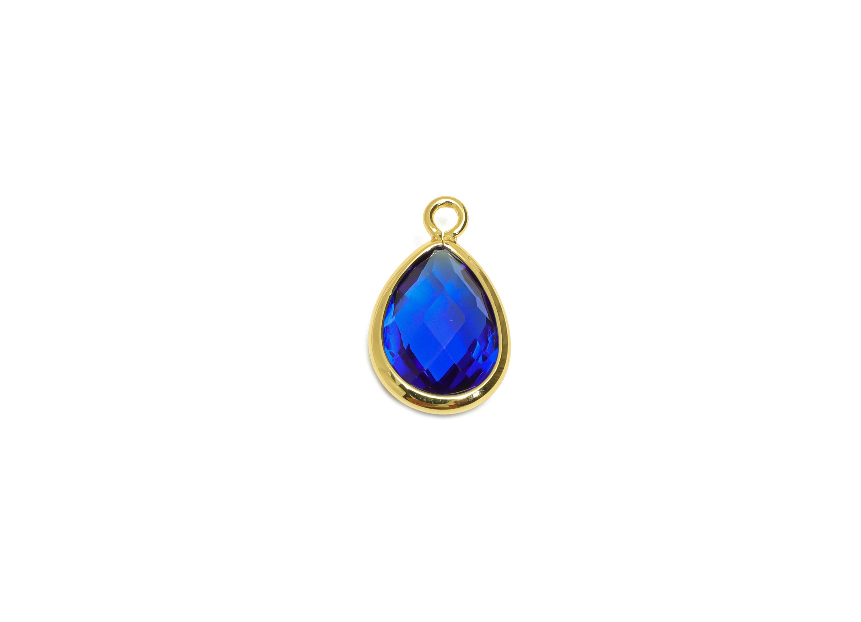 Brass Teardrop Earring Charm - Brass Faceted Glass Earring Charm - Brass Medium Blue Charm - 18K Real Gold Plated - 16.44x9.5x4mm- RGP6919P - DOMEDBAZAAR