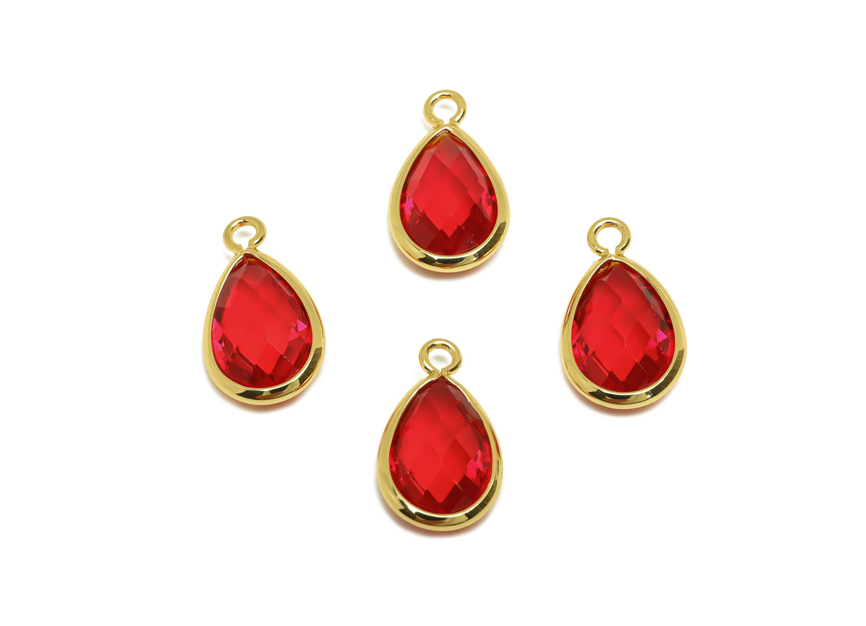 Brass Teardrop Earring Charm - Brass Faceted Glass Earring Charm - Brass Red Glass Charm - 18K Real Gold Plated - 16.44x9.5x4mm- RGP6919E - DOMEDBAZAAR