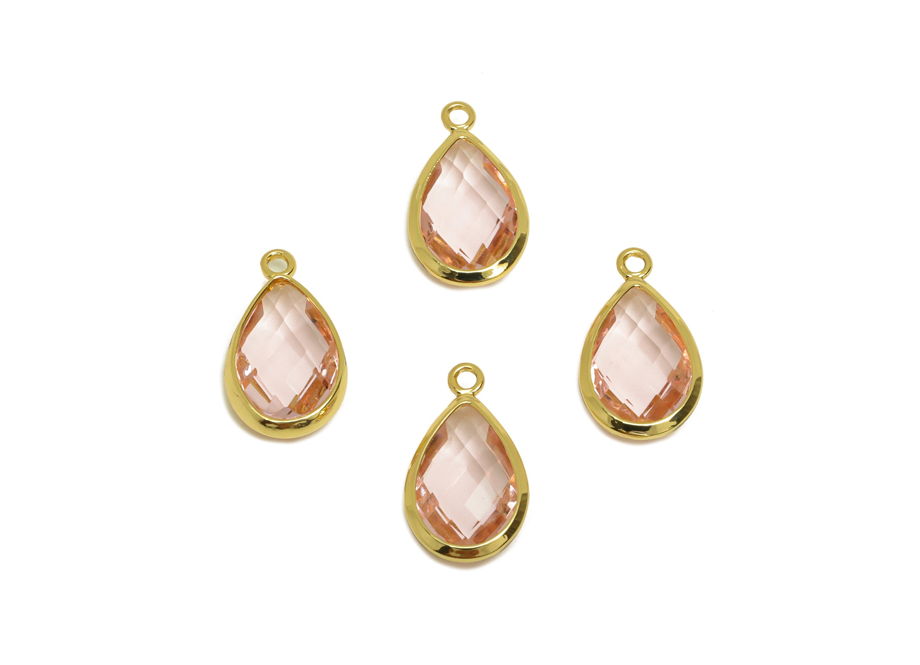 Brass Teardrop Earring Charm - Brass Faceted Glass Earring Charm - Brass Pink Glass Charm - 18K Real Gold Plated - 16.44x9.5x4mm- RGP6919L - DOMEDBAZAAR