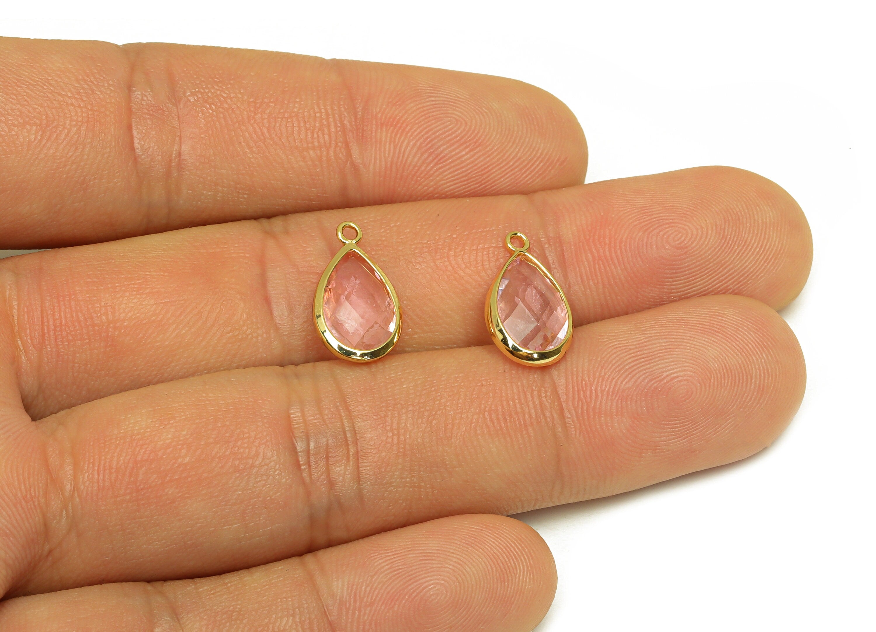 Brass Teardrop Earring Charm - Brass Faceted Glass Earring Charm - Brass Pink Glass Charm - 18K Real Gold Plated - 16.44x9.5x4mm- RGP6919L - DOMEDBAZAAR