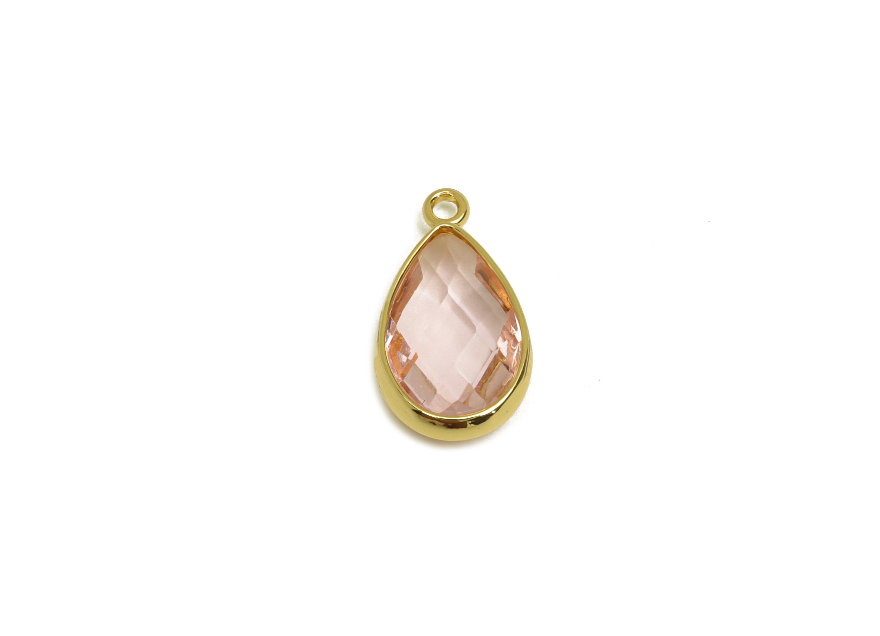 Brass Teardrop Earring Charm - Brass Faceted Glass Earring Charm - Brass Pink Glass Charm - 18K Real Gold Plated - 16.44x9.5x4mm- RGP6919L - DOMEDBAZAAR