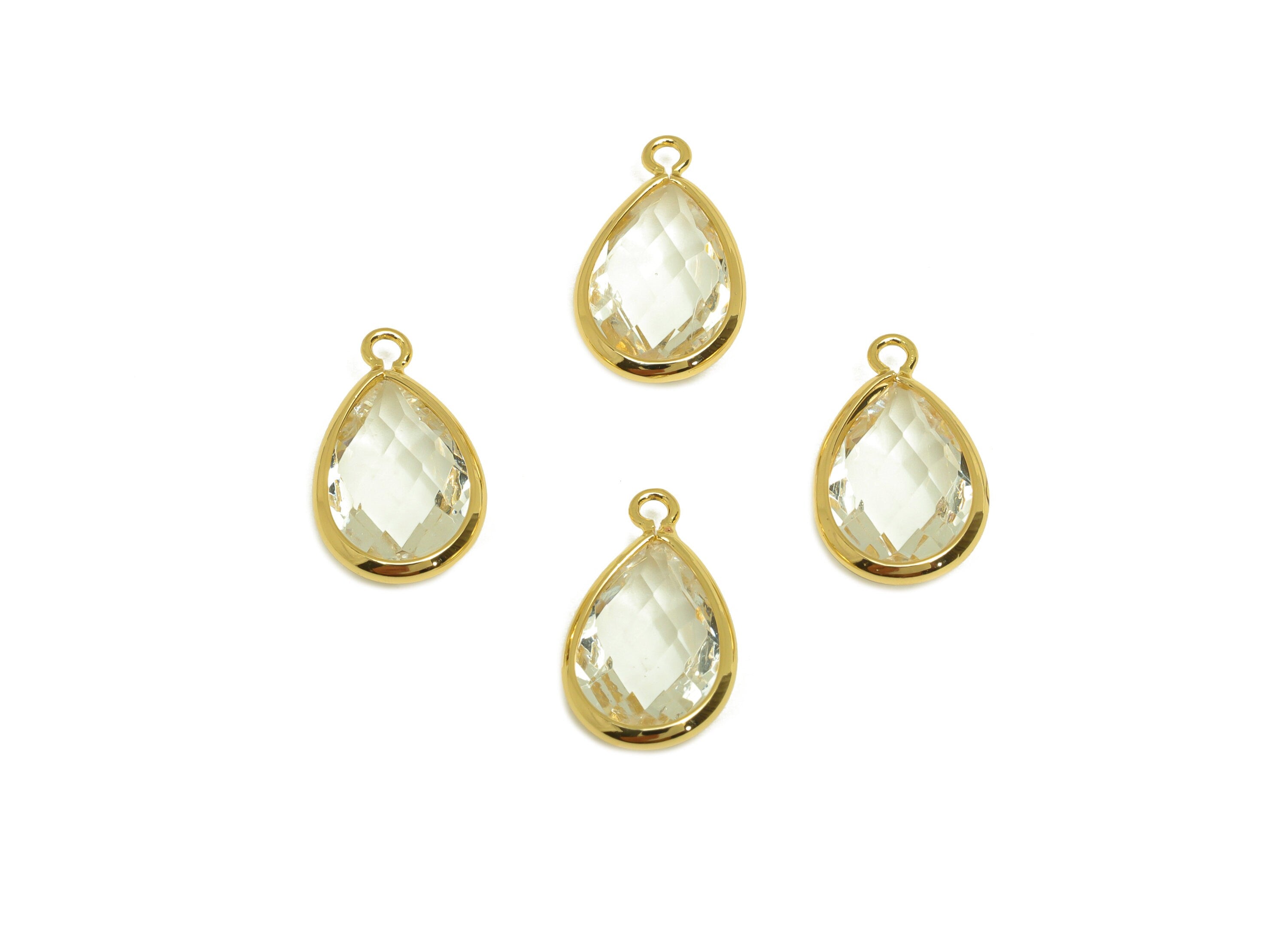 Brass Teardrop Earring Charm - Brass Faceted Glass Earring Charm - Brass Transparent Charm - 18K Real Gold Plated - 16.44x9.5x4mm- RGP6919K - DOMEDBAZAAR