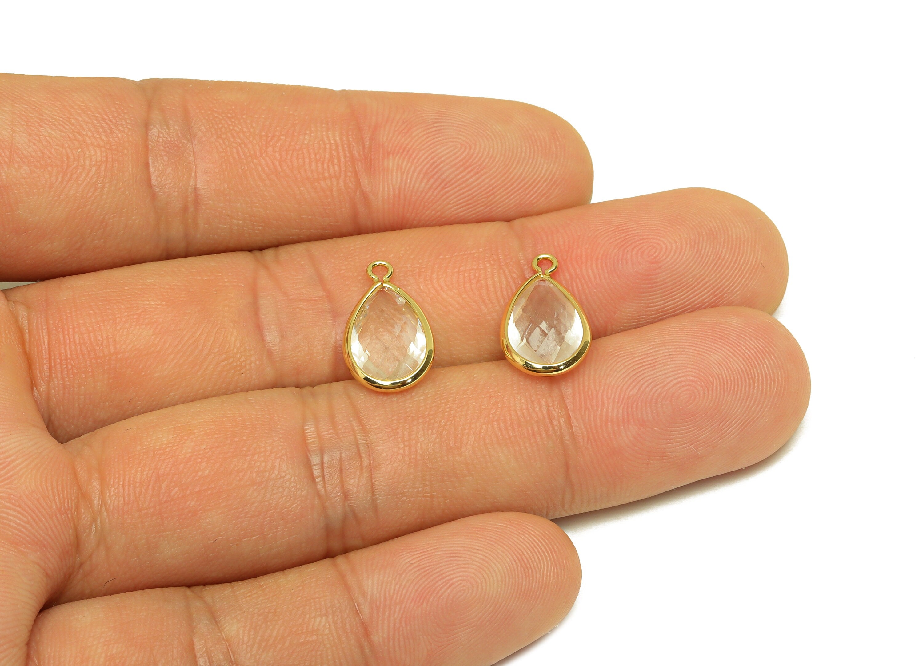 Brass Teardrop Earring Charm - Brass Faceted Glass Earring Charm - Brass Transparent Charm - 18K Real Gold Plated - 16.44x9.5x4mm- RGP6919K - DOMEDBAZAAR