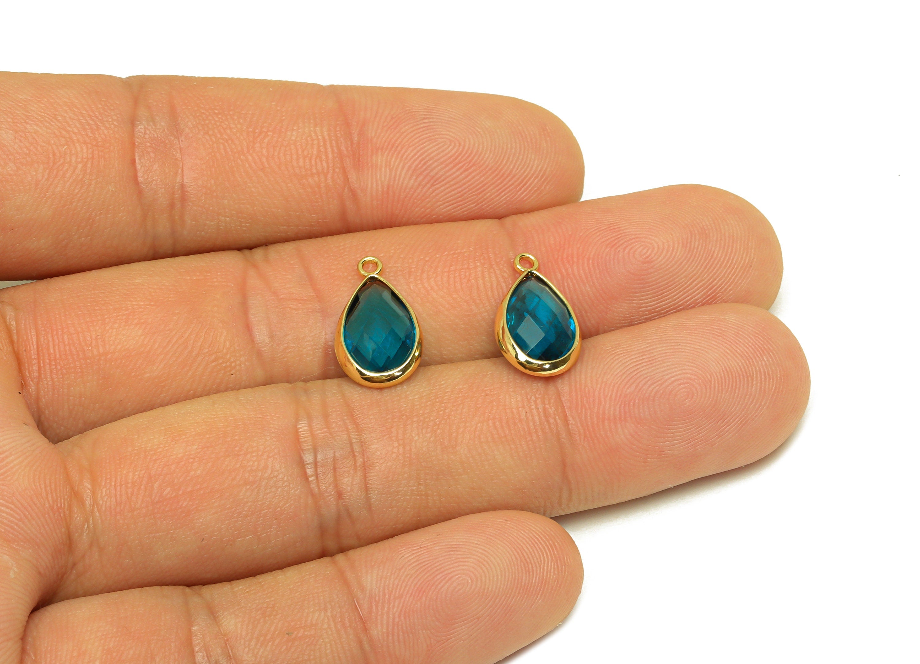Brass Teardrop Earring Charm - Brass Faceted Glass Earring Charm - Brass Lake Blue Charm - 18K Real Gold Plated - 16.44x9.5x4mm- RGP6919F - DOMEDBAZAAR