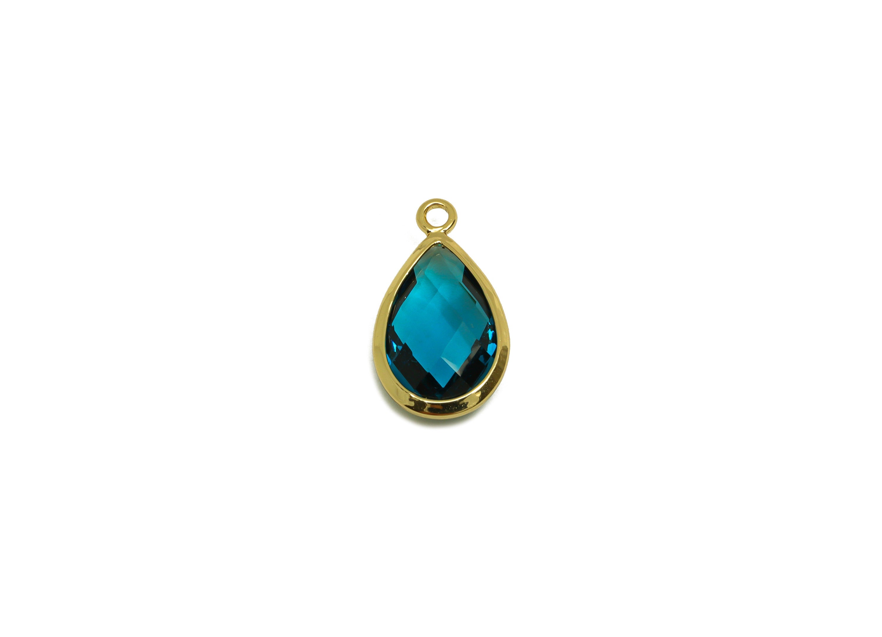 Brass Teardrop Earring Charm - Brass Faceted Glass Earring Charm - Brass Lake Blue Charm - 18K Real Gold Plated - 16.44x9.5x4mm- RGP6919F - DOMEDBAZAAR