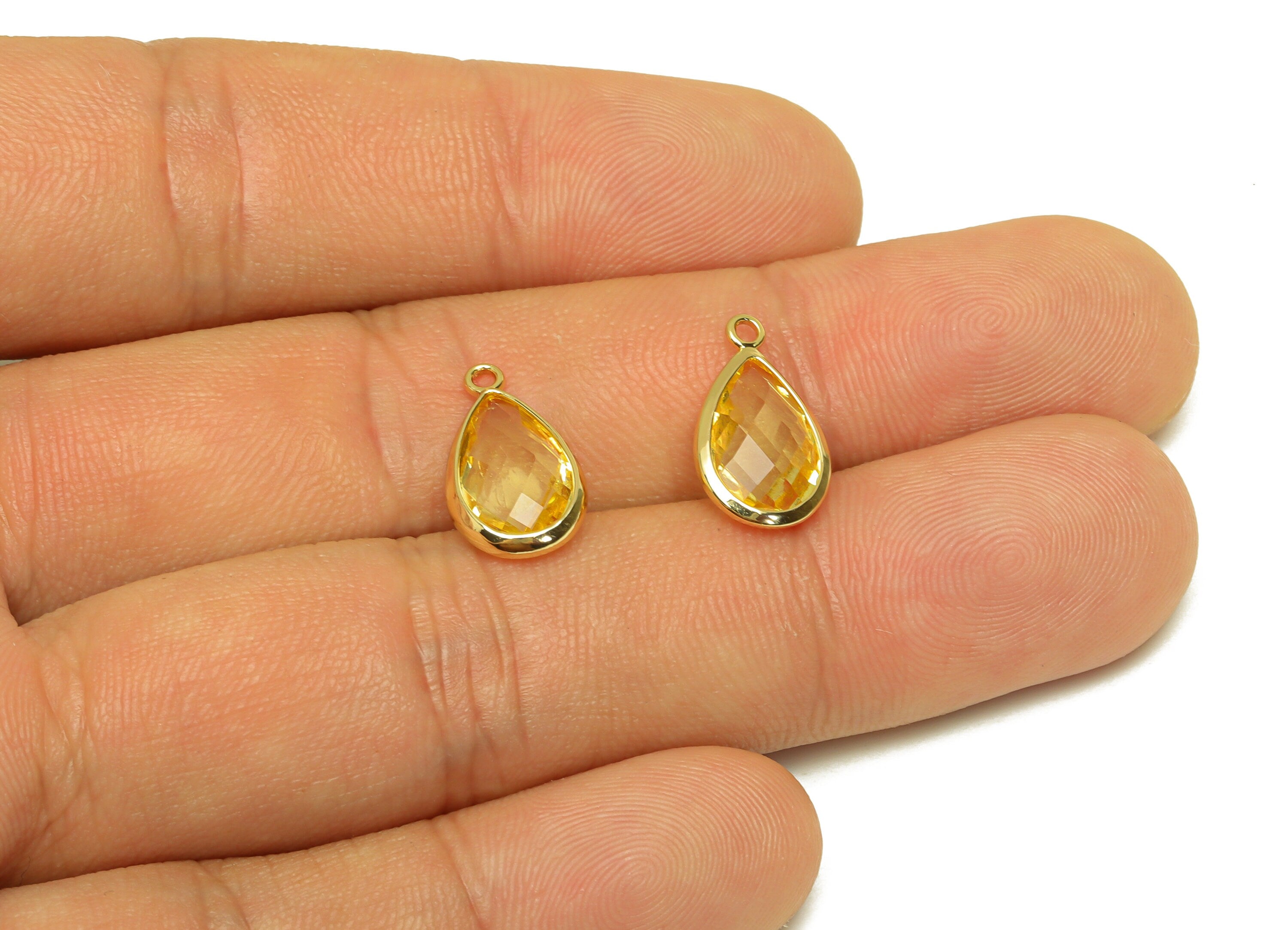 Brass Teardrop Earring Charm - Brass Faceted Glass Earring Charm - Brass Crystal Yellow Charm - 18K Real Gold Plated - 16.44x9x4mm- RGP6919R - DOMEDBAZAAR