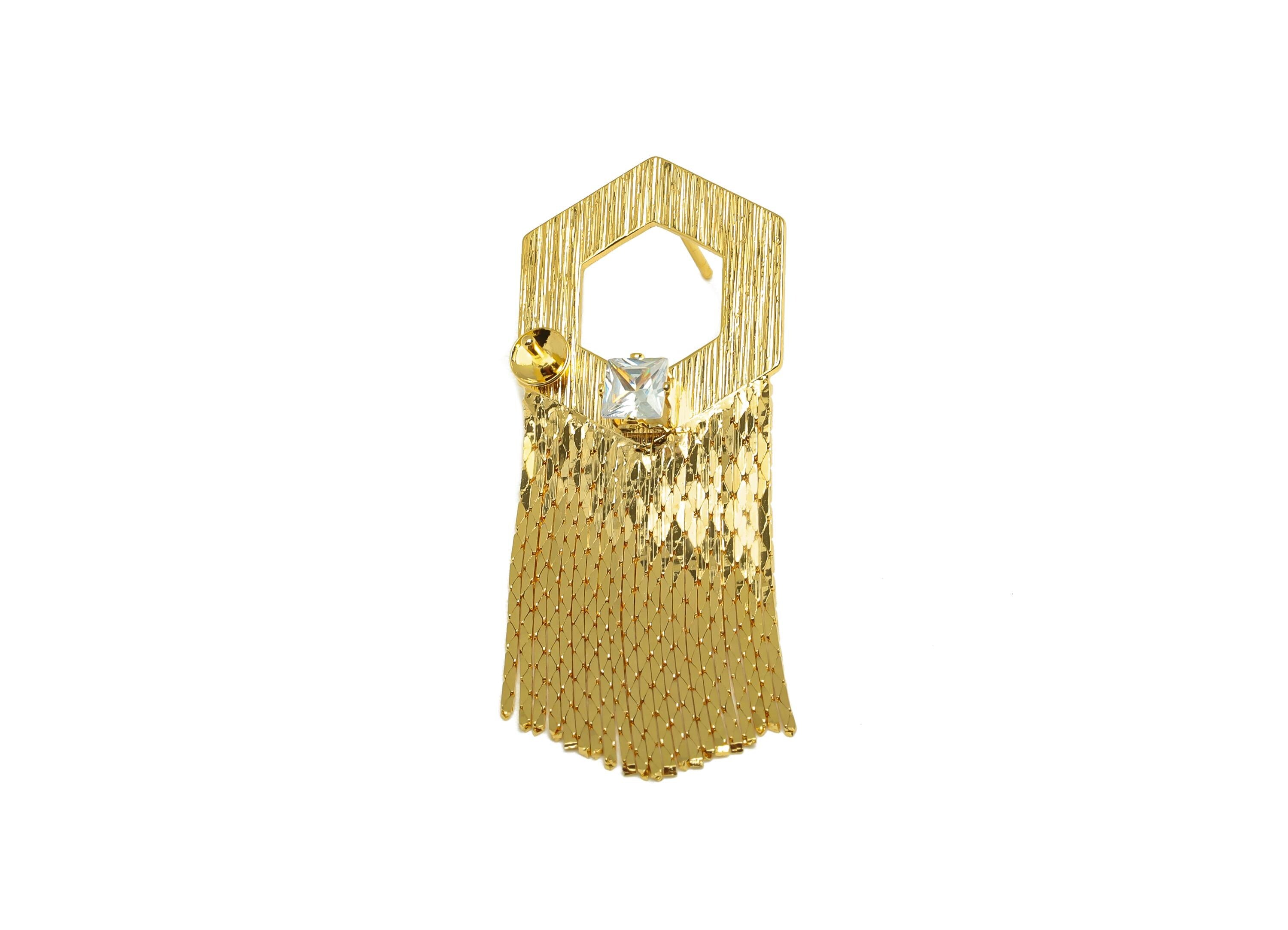 Brass Tassel Earring Charm - Hexagon Tassel Wire Earring Charm - Cubic Zircon Earring Charm - 18K Real Gold Plated - 45x17x0.8mm - RGP7326 - DOMEDBAZAAR