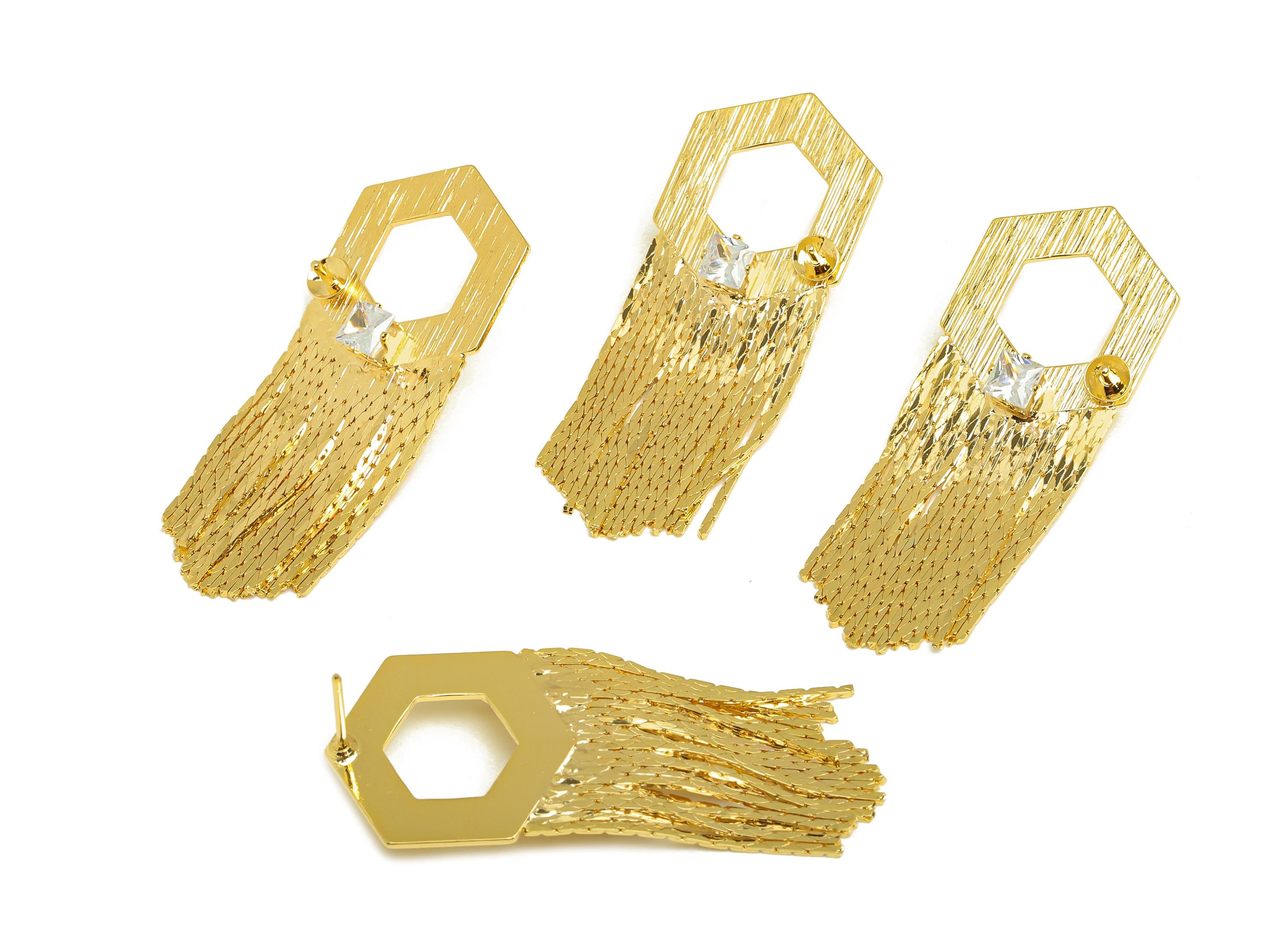 Brass Tassel Earring Charm - Hexagon Tassel Wire Earring Charm - Cubic Zircon Earring Charm - 18K Real Gold Plated - 45x17x0.8mm - RGP7326 - DOMEDBAZAAR