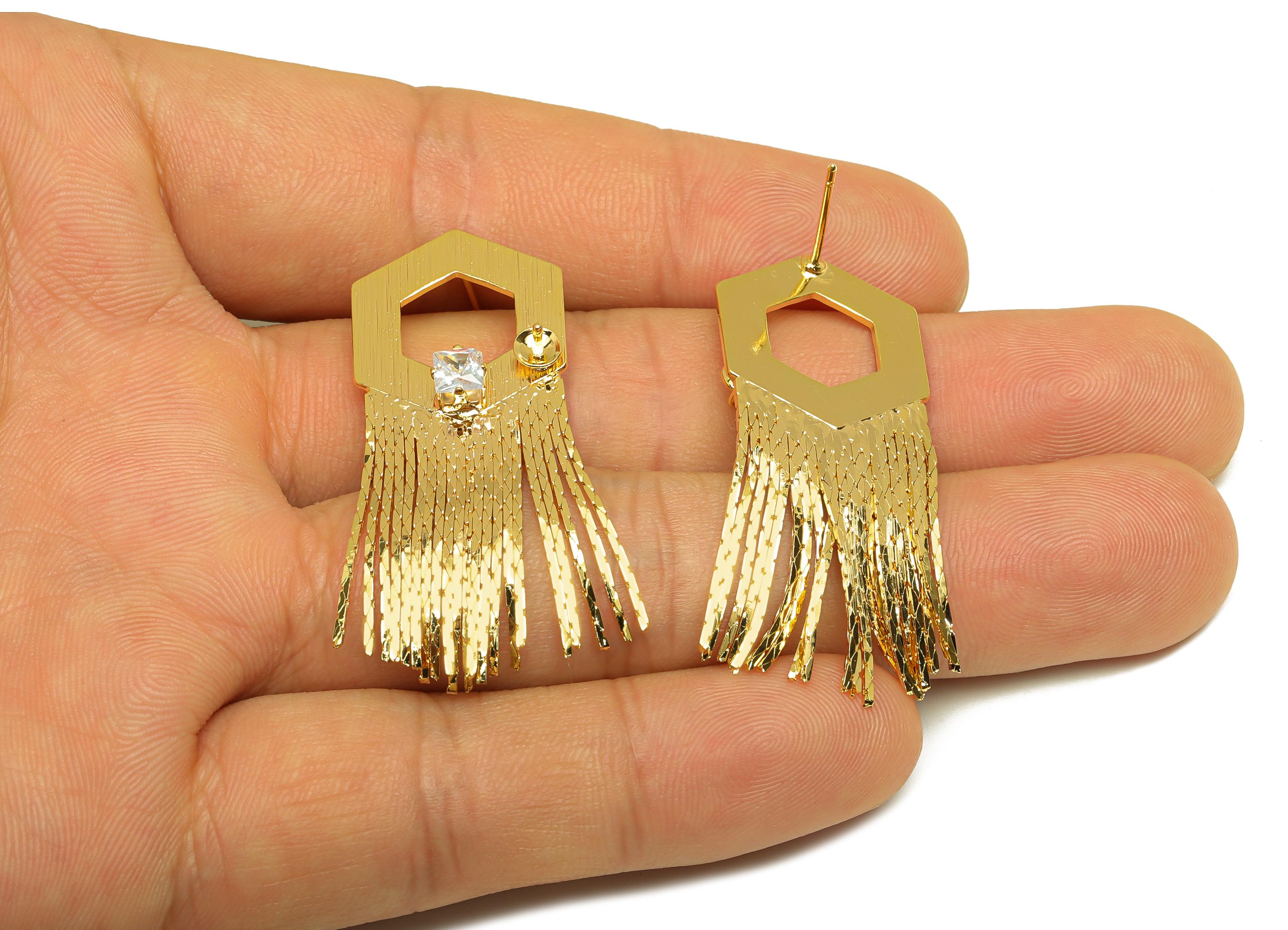 Brass Tassel Earring Charm - Hexagon Tassel Wire Earring Charm - Cubic Zircon Earring Charm - 18K Real Gold Plated - 45x17x0.8mm - RGP7326 - DOMEDBAZAAR