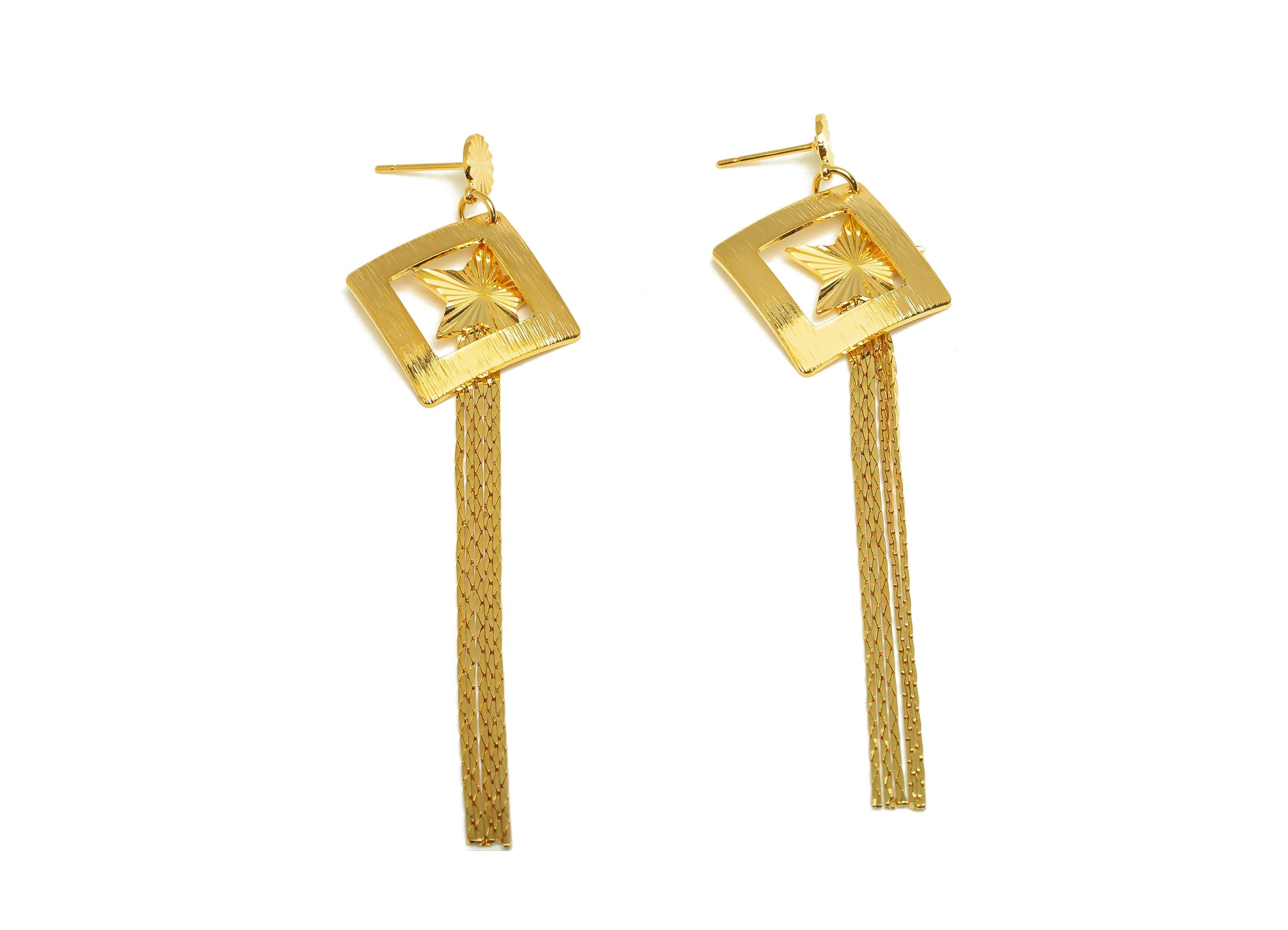Brass Tassel Earring Charm - Square Tassel Chain Earring Charm - Textured Star Earring Charm - 18K Real Gold Plated - 82x24x0.73mm - RGP7318 - DOMEDBAZAAR