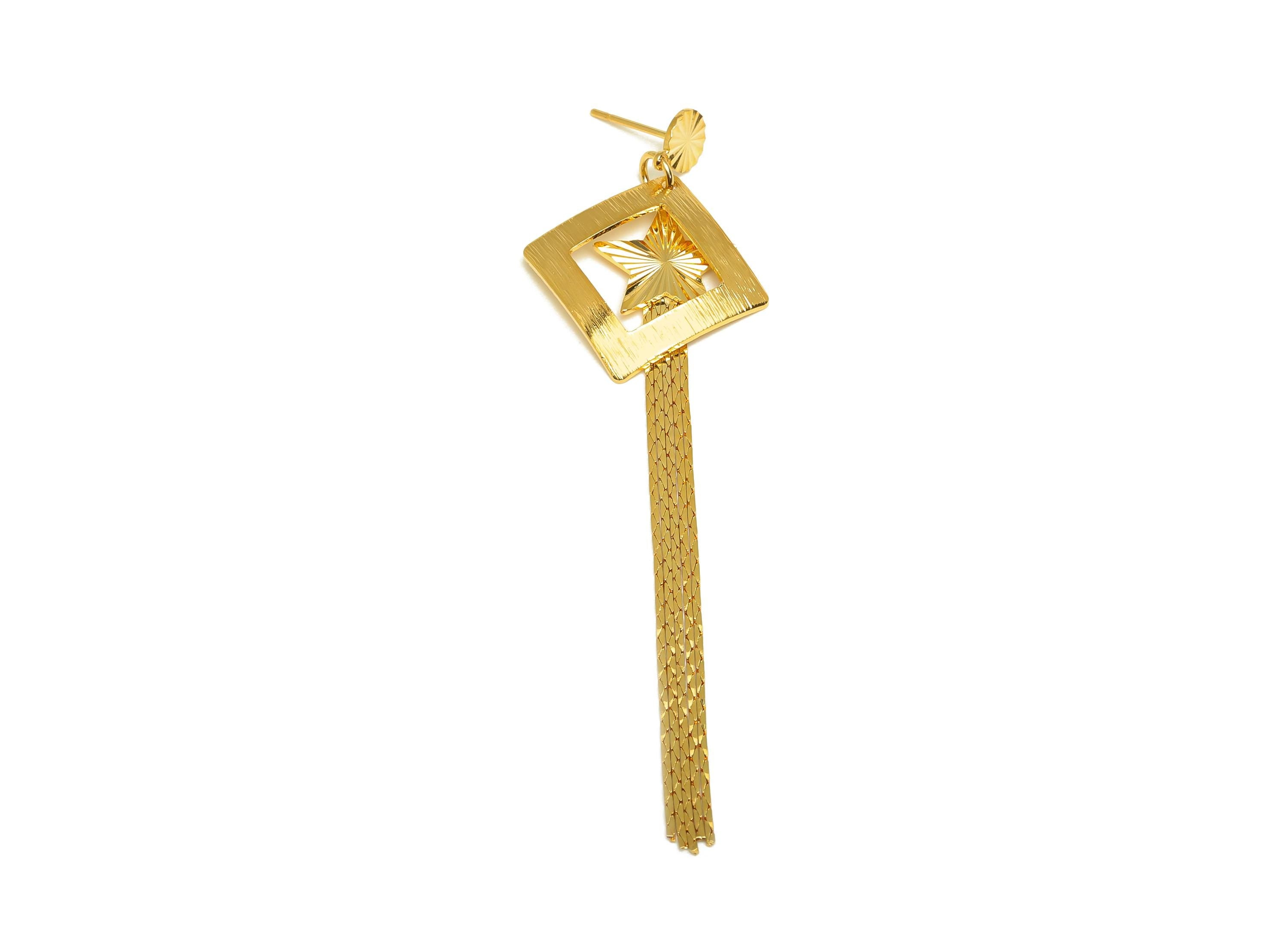 Brass Tassel Earring Charm - Square Tassel Chain Earring Charm - Textured Star Earring Charm - 18K Real Gold Plated - 82x24x0.73mm - RGP7318 - DOMEDBAZAAR