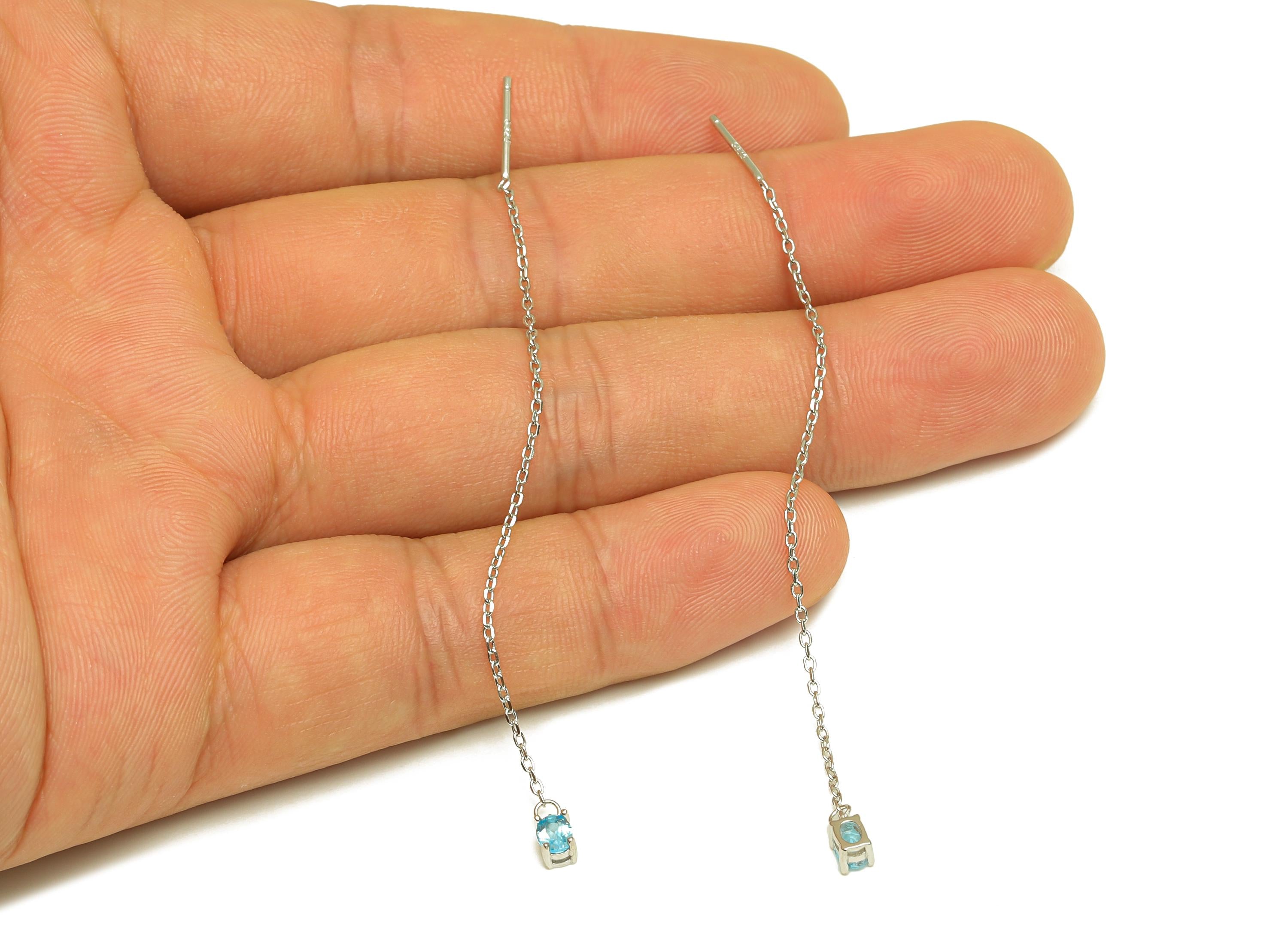 Blue Topaz Tassel Earring Post - 925 Silver Oval Crystal Earring Post - Natural Stone Dangle Gemstone Silver Earring Post - 82x3mm -RGP7344C - DOMEDBAZAAR
