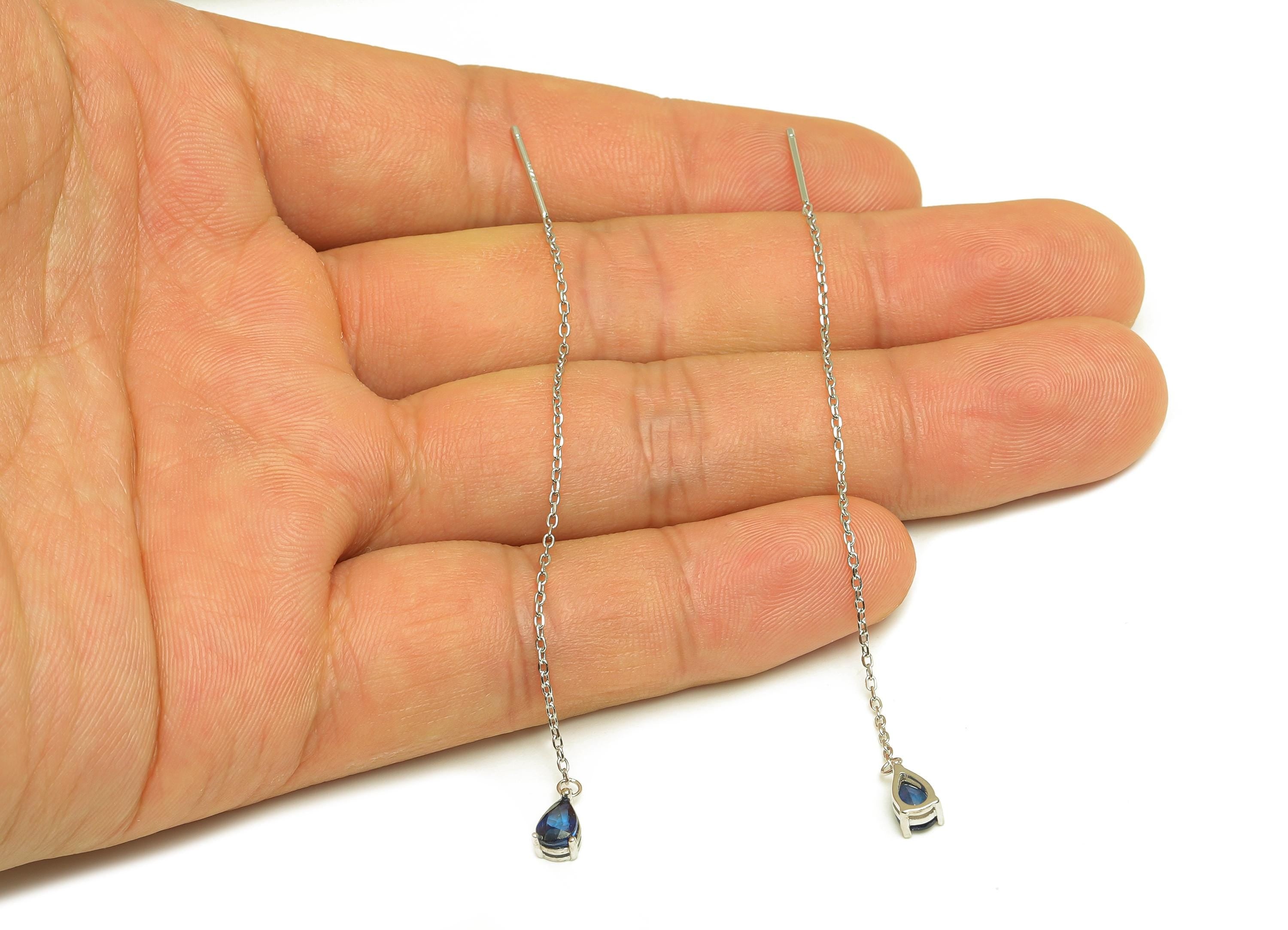 Sapphire Tassel Earring Post - Teardrop Silver Crystal Earring Post - Natural Stone Dangle Gemstone Earring Post - 86x3mm - RGP7345C - DOMEDBAZAAR
