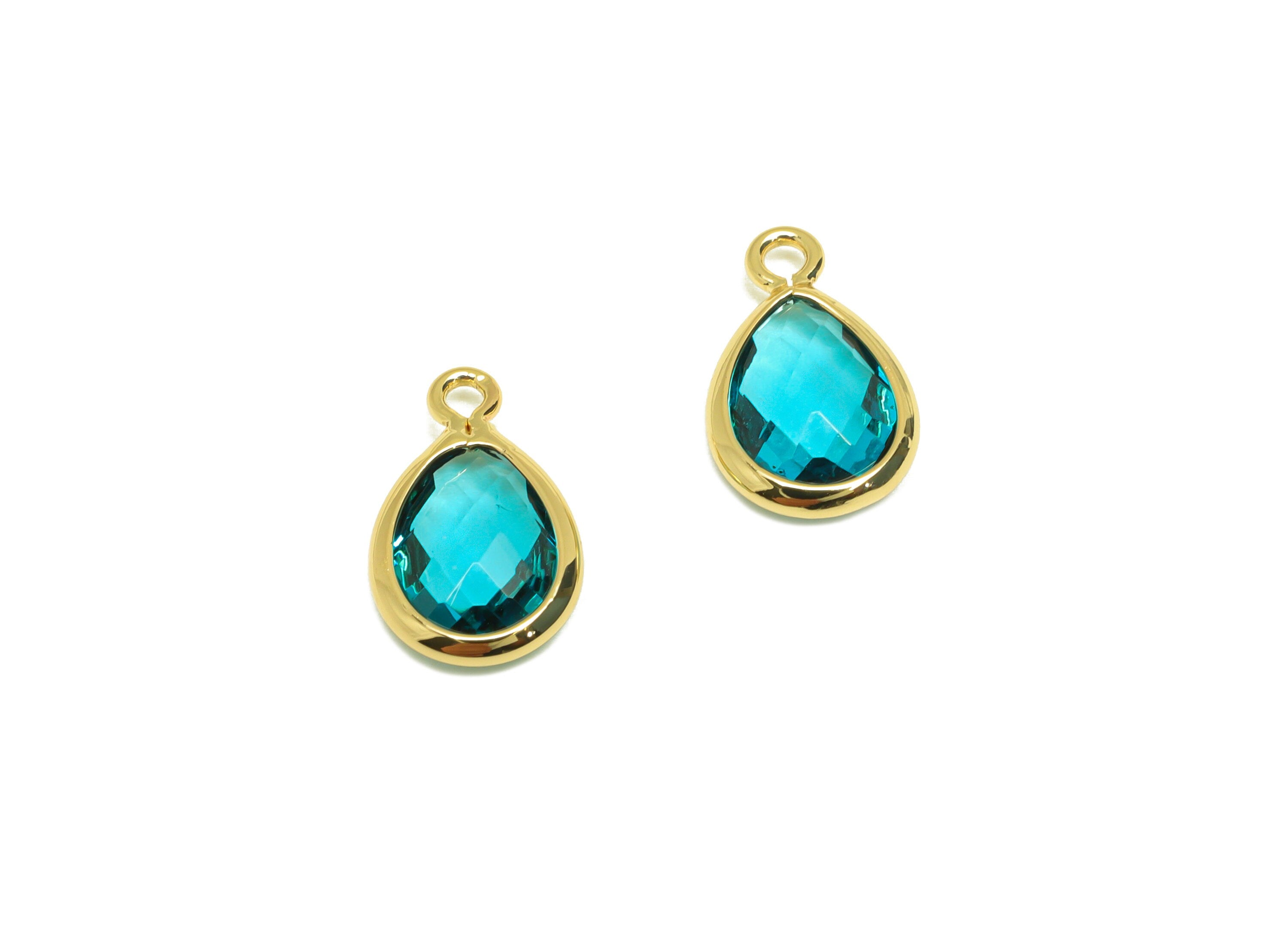 Brass Teardrop Earring Charm - Brass Faceted Glass Earring Charm - Brass Hole Blue Charm - 18K Real Gold Plated - 11.7x6x3mm - RGP6921F - DOMEDBAZAAR
