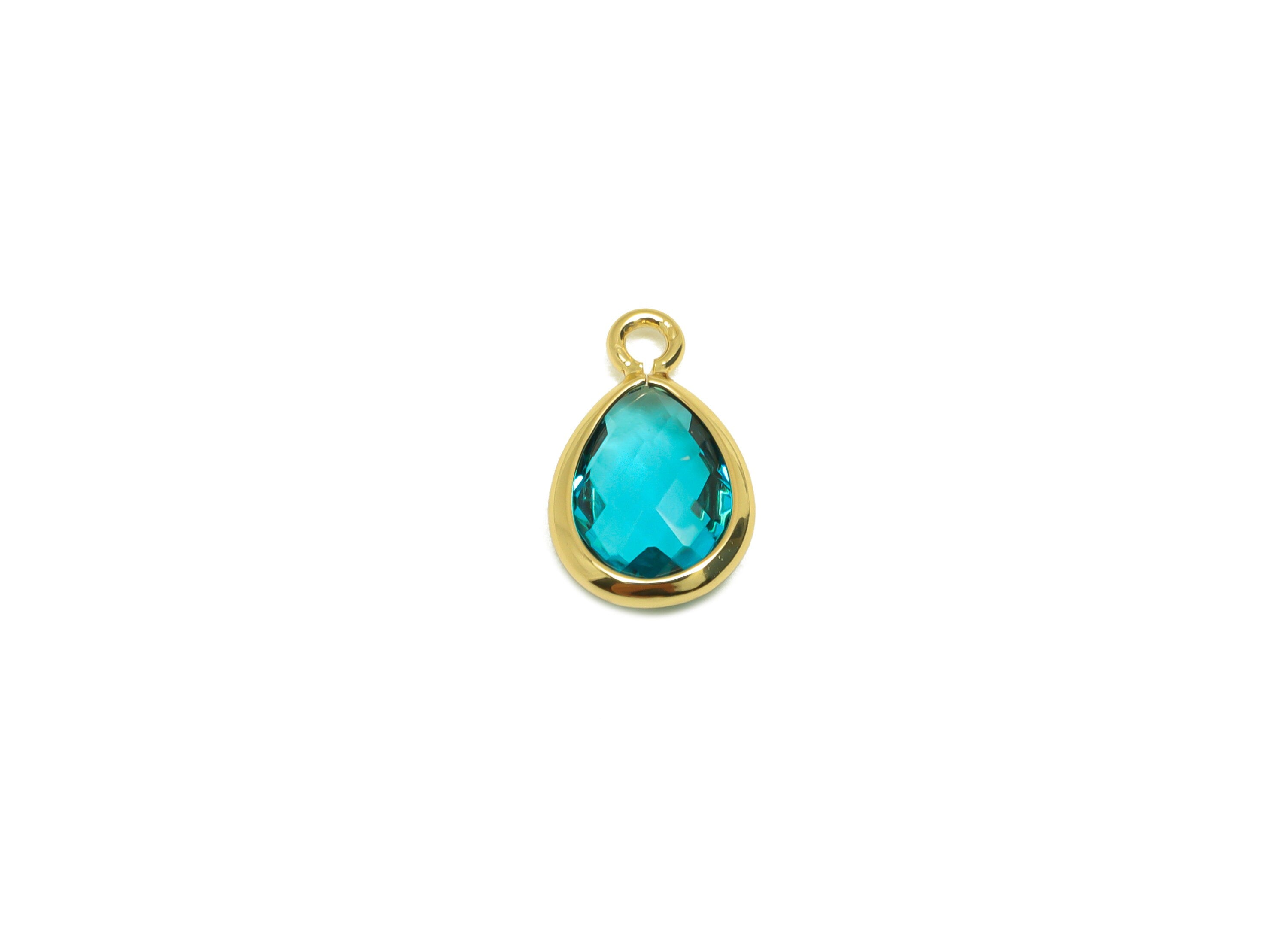 Brass Teardrop Earring Charm - Brass Faceted Glass Earring Charm - Brass Hole Blue Charm - 18K Real Gold Plated - 11.7x6x3mm - RGP6921F - DOMEDBAZAAR