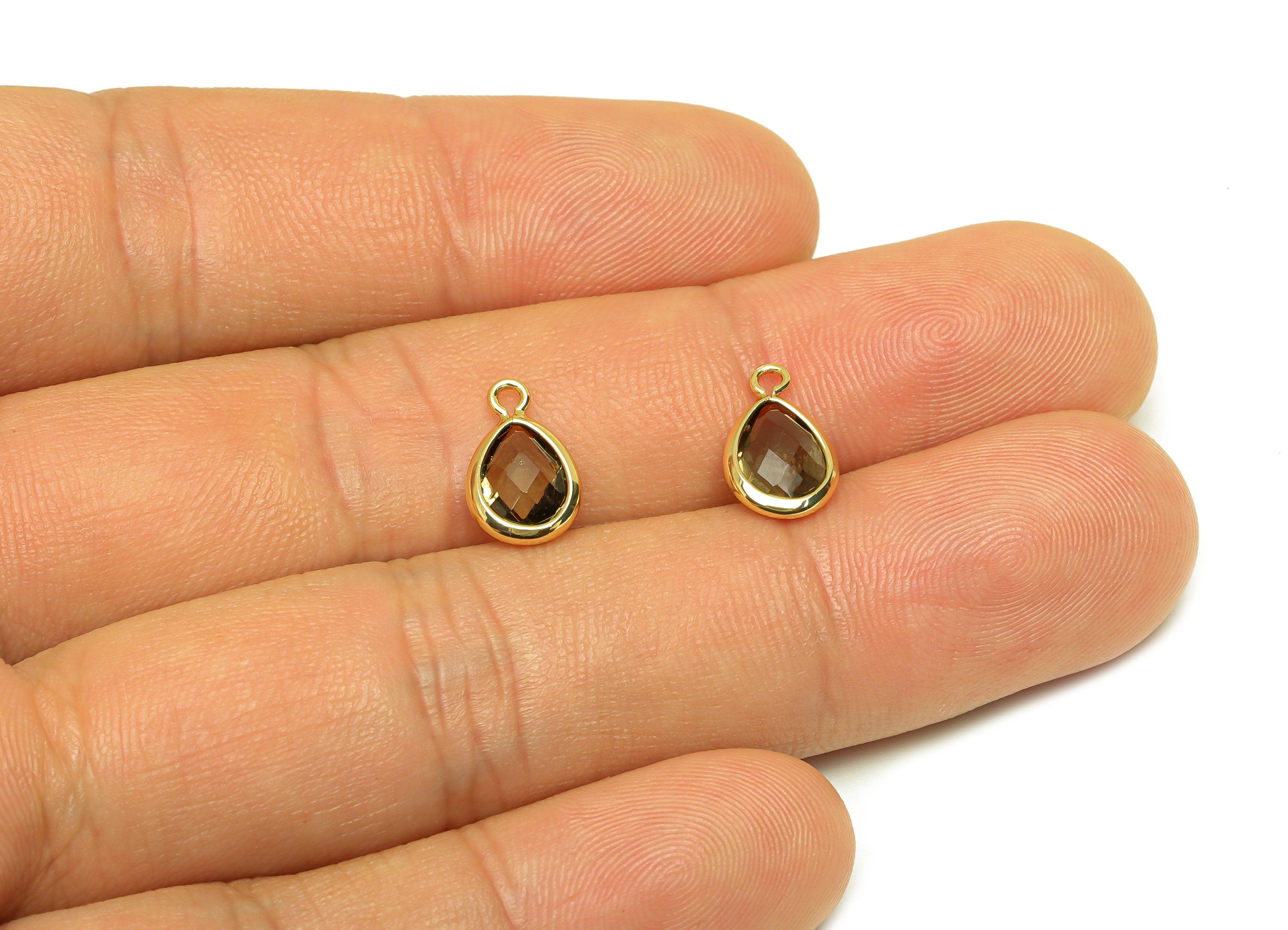 Brass Teardrop Earring Charm - Brass Faceted Glass Earring Charm - Brass Grey Charm - 18K Real Gold Plated - 11.7x6x3mm - RGP6921P - DOMEDBAZAAR