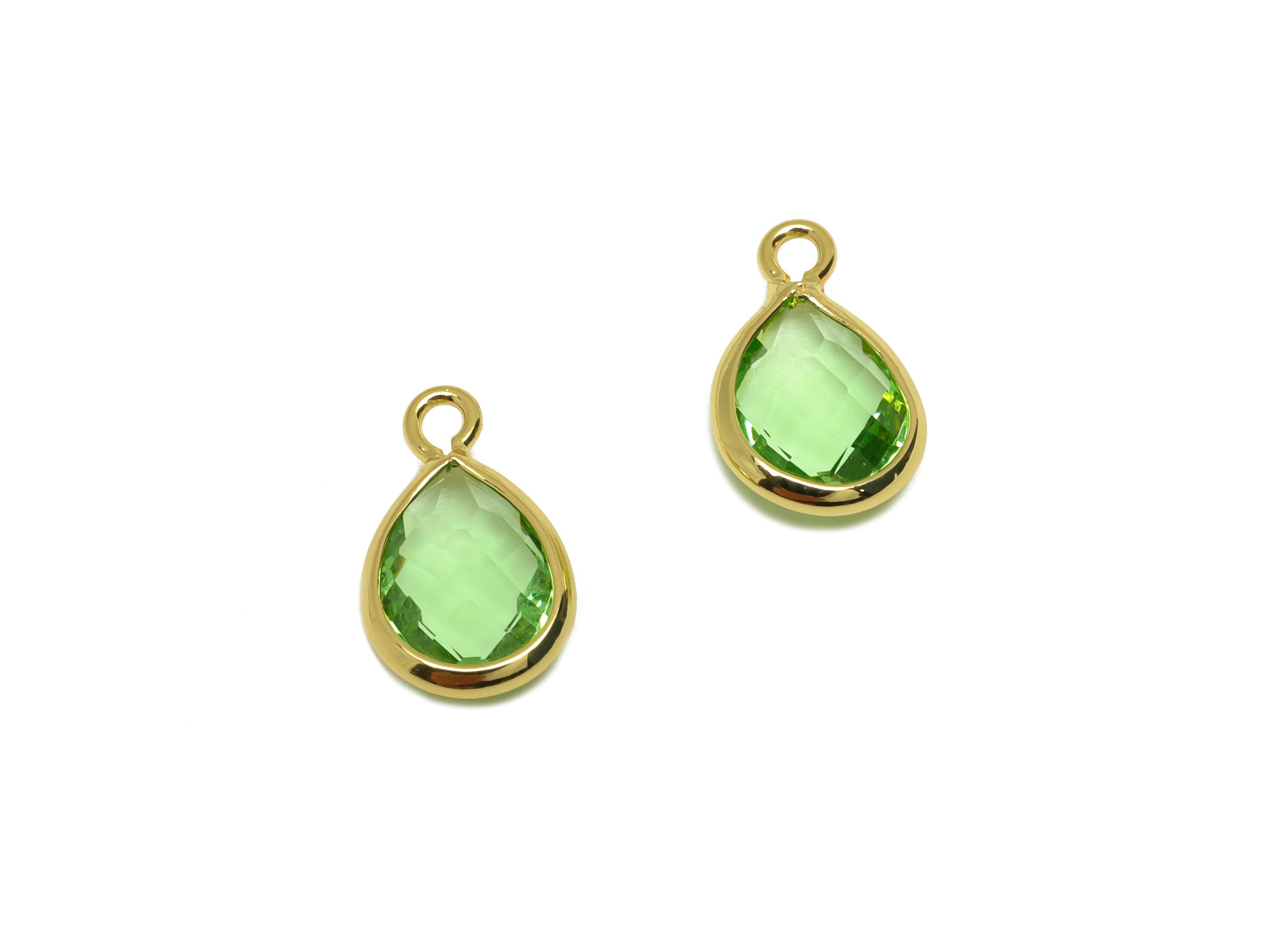 Brass Teardrop Earring Charm - Brass Faceted Glass Earring Charm - Light Green Earring Charm - 18K Real Gold Plated - 11x6x3mm-RGP6921D - DOMEDBAZAAR