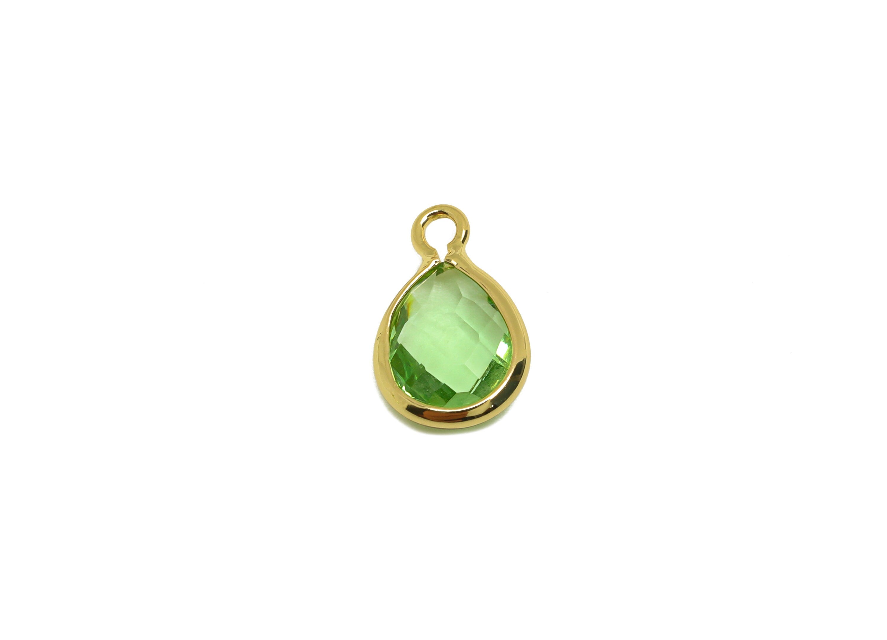 Brass Teardrop Earring Charm - Brass Faceted Glass Earring Charm - Light Green Earring Charm - 18K Real Gold Plated - 11x6x3mm-RGP6921D - DOMEDBAZAAR