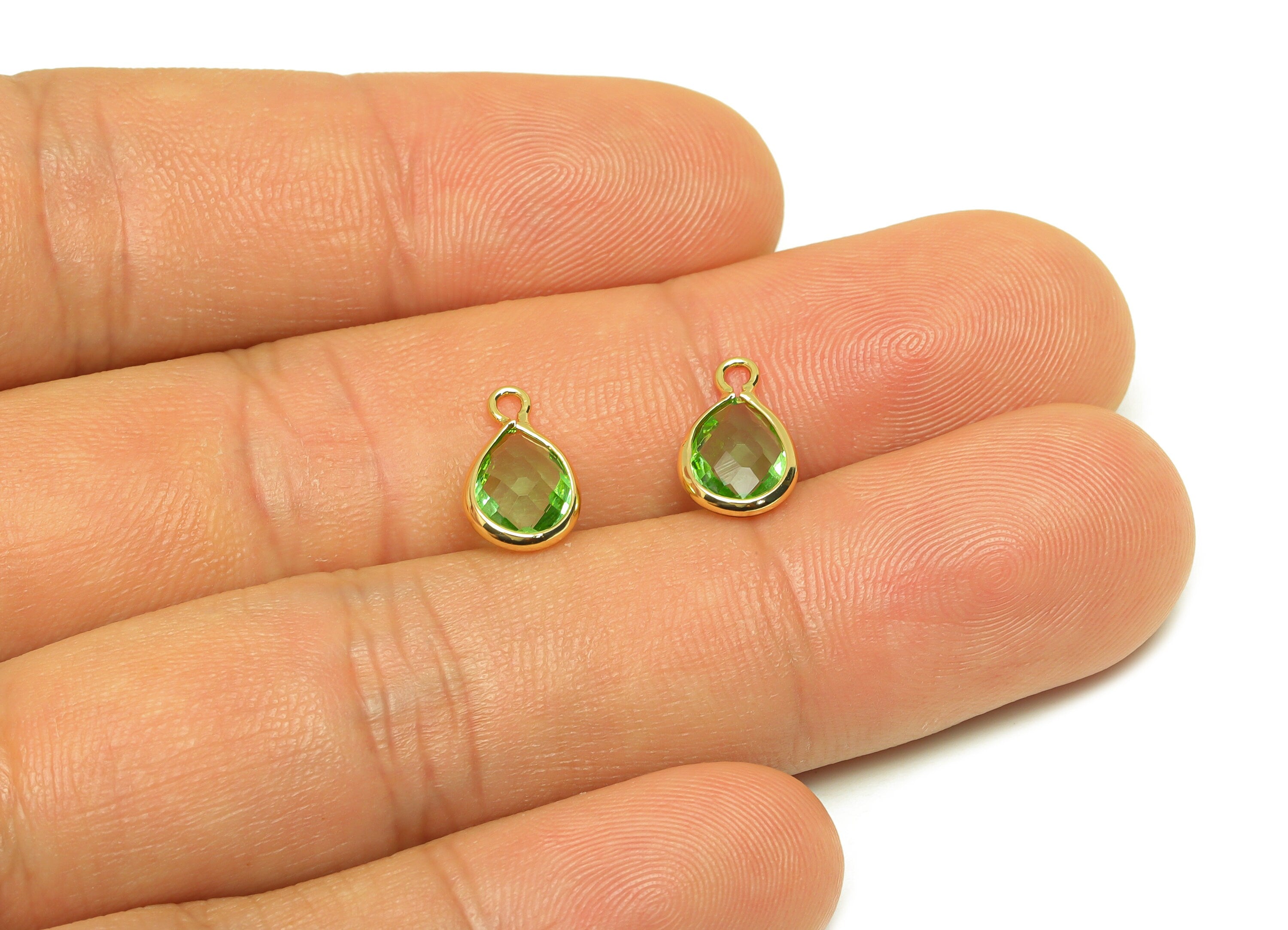 Brass Teardrop Earring Charm - Brass Faceted Glass Earring Charm - Light Green Earring Charm - 18K Real Gold Plated - 11x6x3mm-RGP6921D - DOMEDBAZAAR