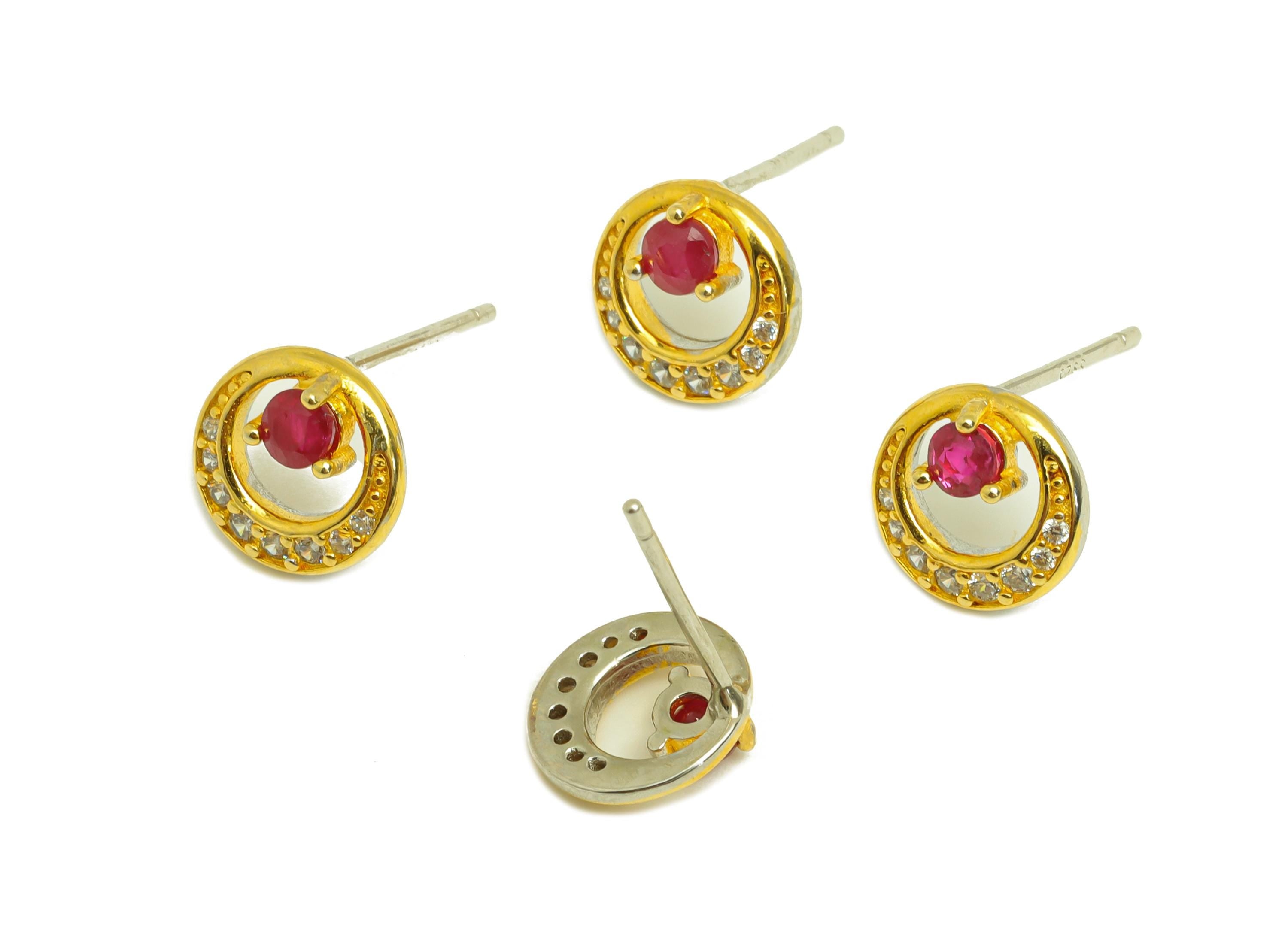 Ruby Gemstone Silver Earring Post - Zircon Crystal Earring Post - Natural Stone Stud - 18K Real Gold Plated Silver - 14x8x3.34mm - RGP7371 - DOMEDBAZAAR