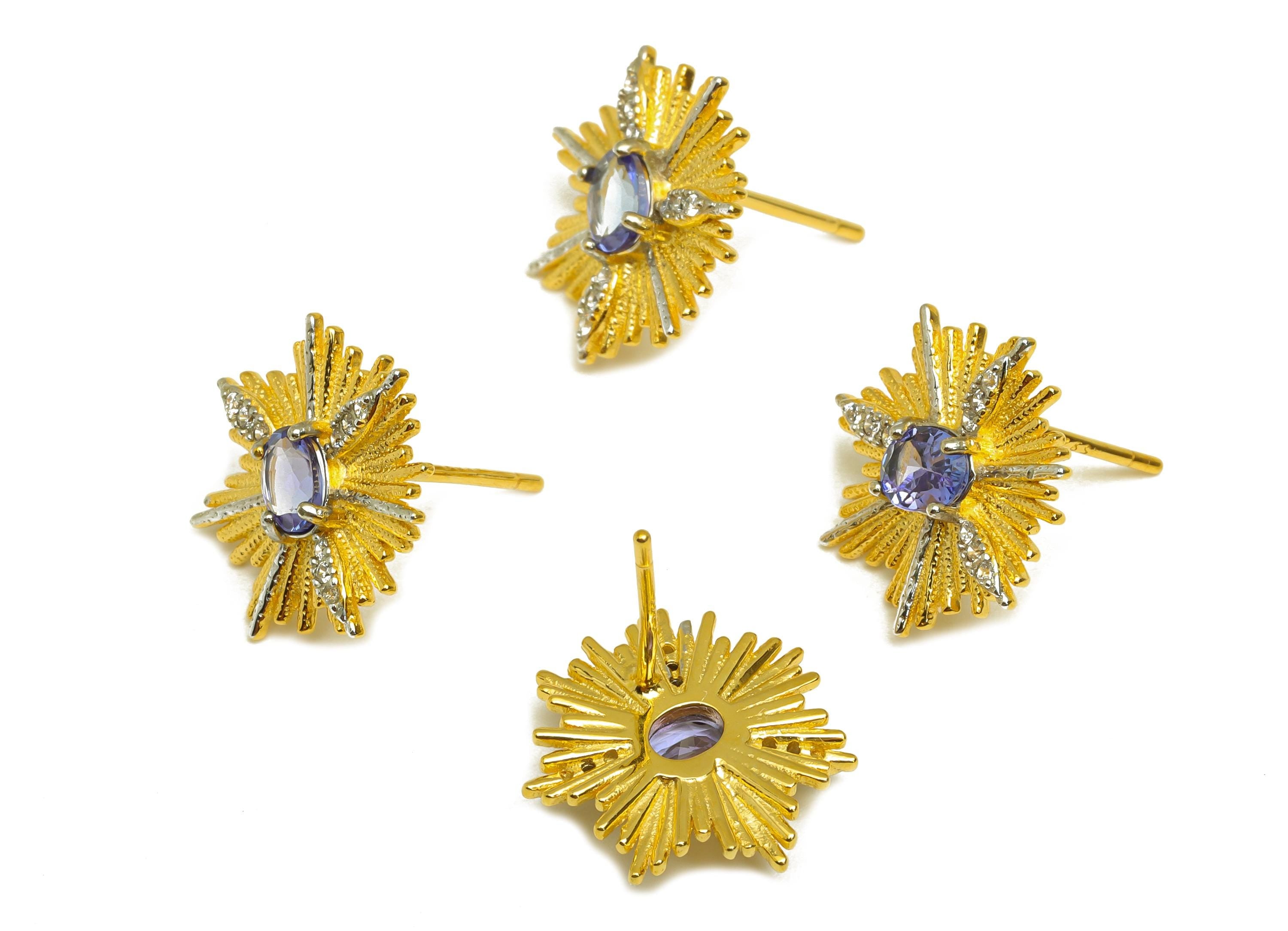 Tanzanite Silver Earring Post - Flower Zircon Crystal Earring Post - Natural Stone Stud - 18K Real Gold Plated Silver - 14x14x3mm - RGP7367 - DOMEDBAZAAR