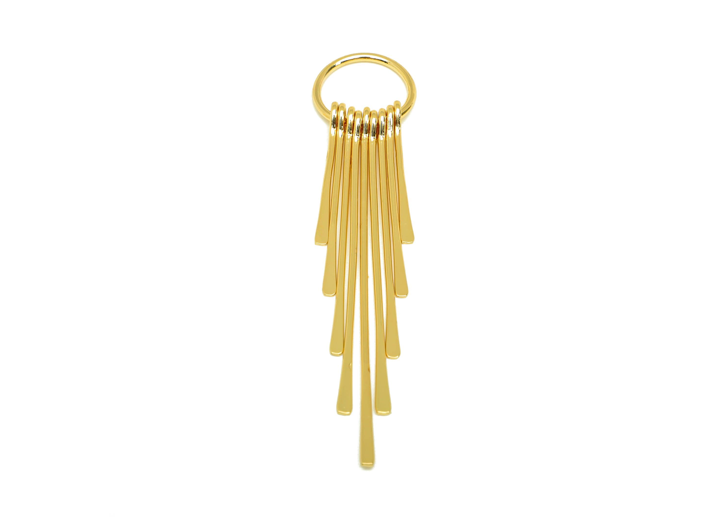 Brass Tassel Earring Charm - Dangle 9 Tassel Wire Earring Charm - Hammered Earring Charm - 18K Real Gold Plated - 82.7x17.78x1.34mm- RGP7309 - DOMEDBAZAAR