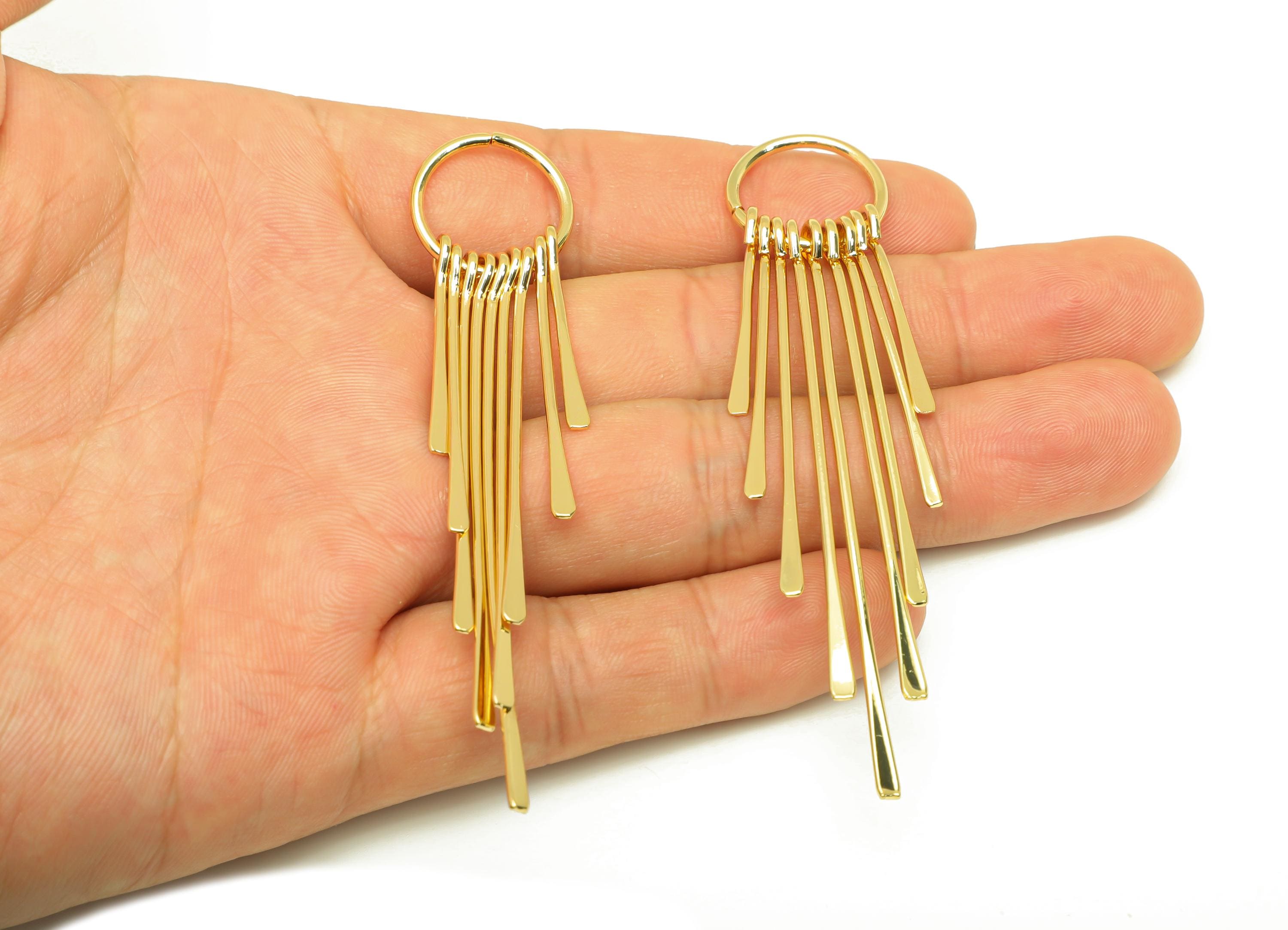 Brass Tassel Earring Charm - Dangle 9 Tassel Wire Earring Charm - Hammered Earring Charm - 18K Real Gold Plated - 82.7x17.78x1.34mm- RGP7309 - DOMEDBAZAAR