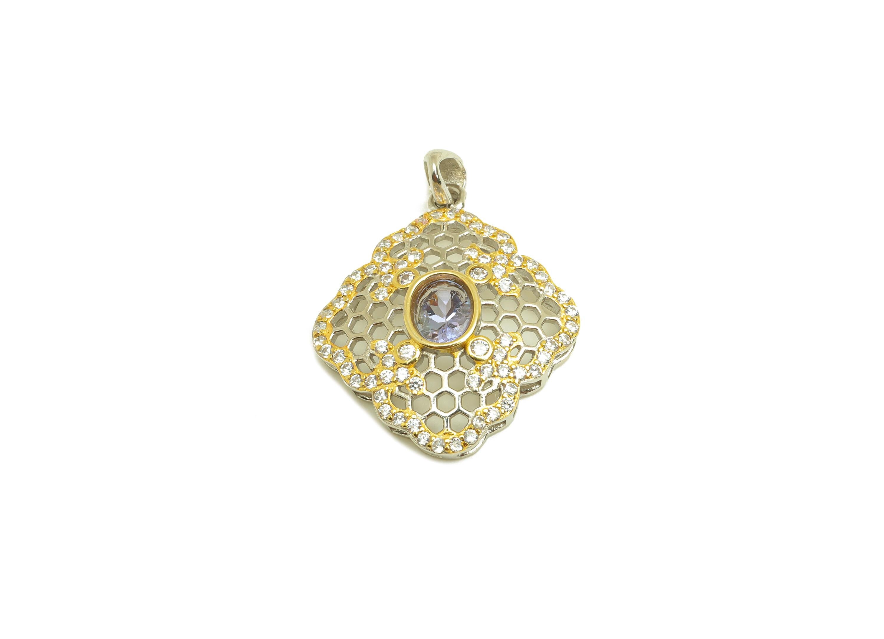Tanzanite Zircon Earring Charm - Cubic Zircon Gemstone Pendant - Hollow Crystal Earring Charm - For Necklace - 23x18x4mm - RGP7372 - DOMEDBAZAAR
