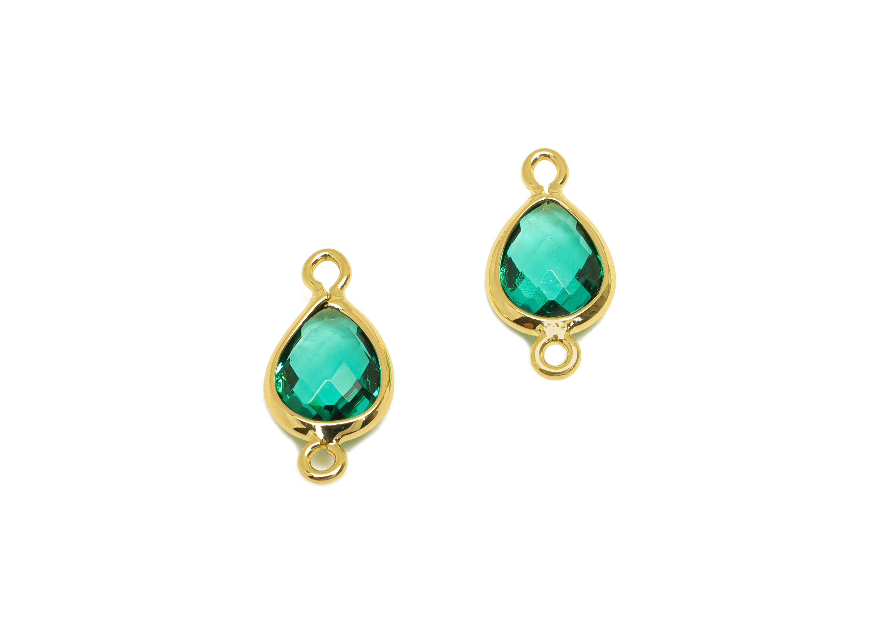 Brass Teardrop Connector - Brass Faceted Glass Earring Charm - Hole Green Earring Charm - 18K Real Gold Plated - 14x6x2mm - RGP6922E - DOMEDBAZAAR
