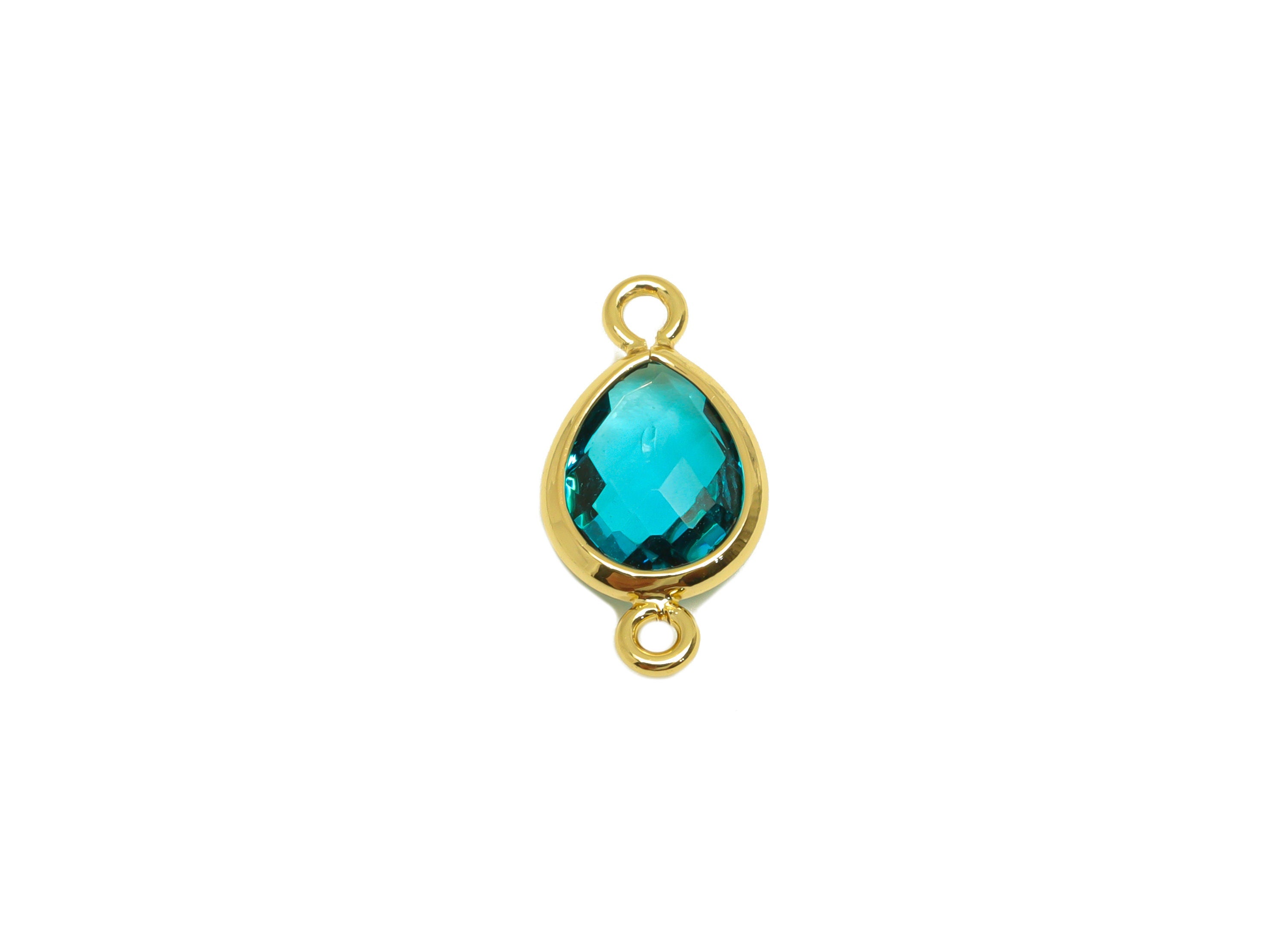 Brass Teardrop Connector - Brass Faceted Glass Earring Charm - Hole Blue Glass Earring Charm - 18K Real Gold Plated - 14x6x2mm - RGP6922F - DOMEDBAZAAR