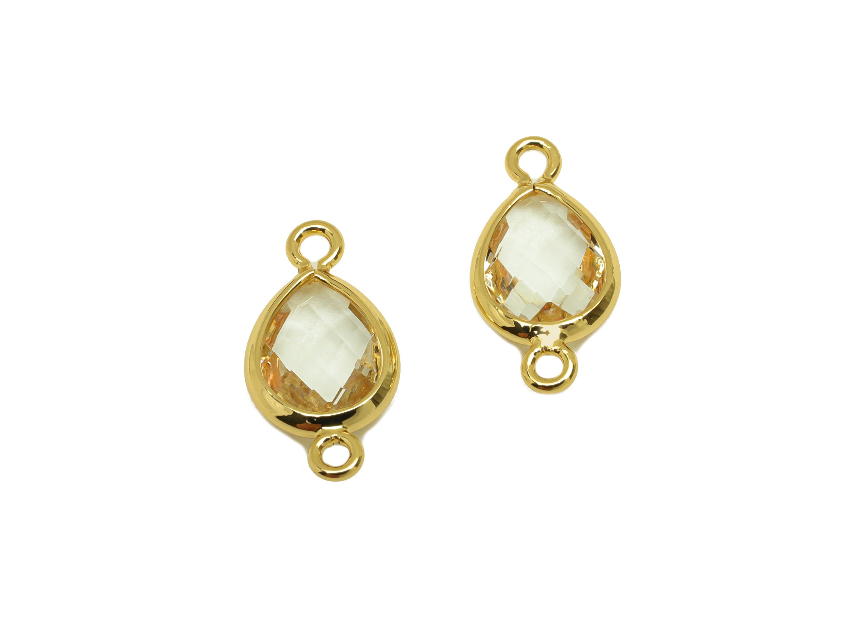 Brass Teardrop Connector - Brass Faceted Glass Earring Charm - Transparent Glass Earring Charm - 18K Real Gold Plated - 14x6x2mm - RGP6922X - DOMEDBAZAAR