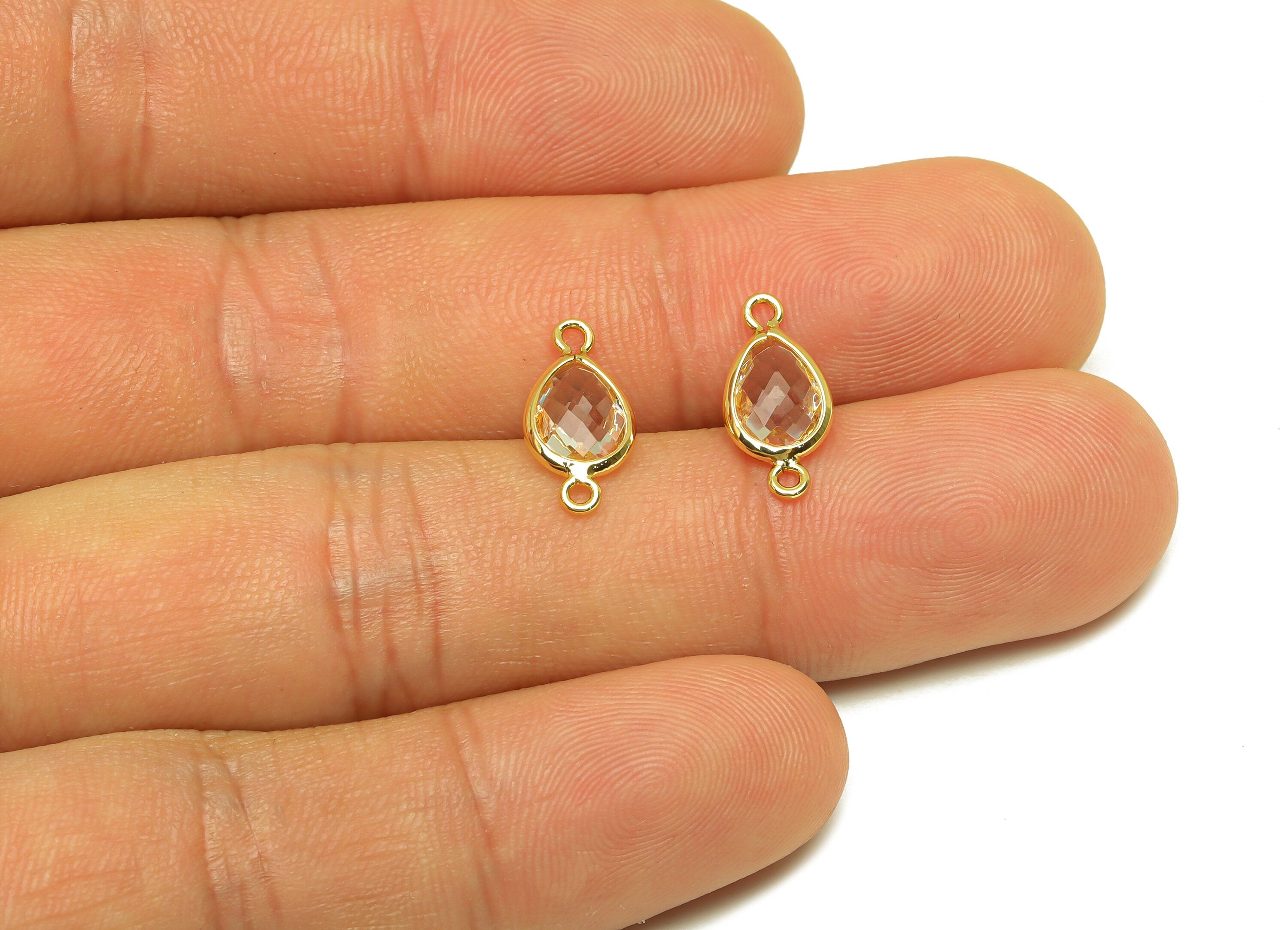 Brass Teardrop Connector - Brass Faceted Glass Earring Charm - Transparent Glass Earring Charm - 18K Real Gold Plated - 14x6x2mm - RGP6922X - DOMEDBAZAAR