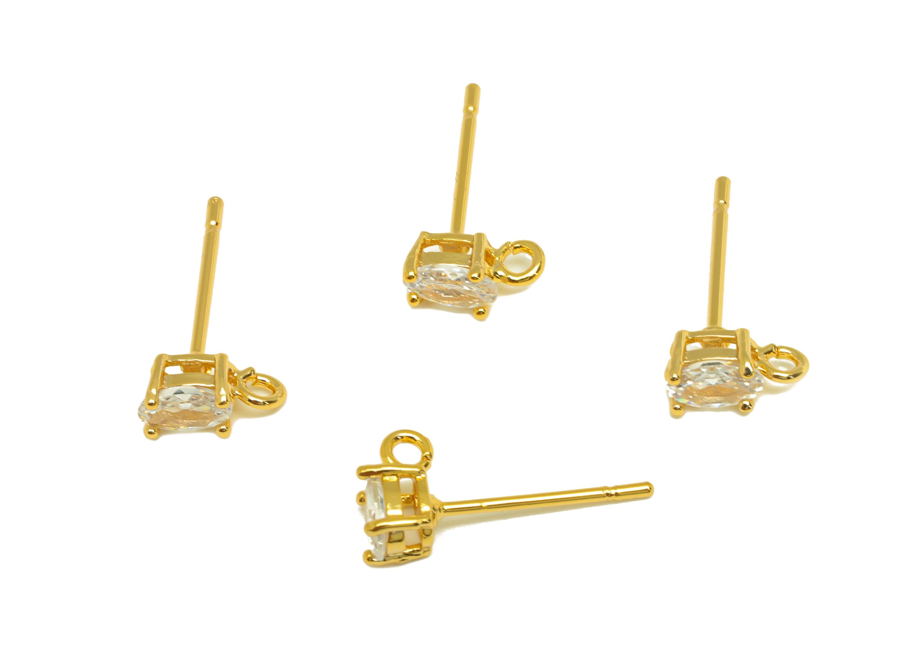 Brass CZ Oval Earring Stud - Brass Cubic Zircon Post With Loop - Brass Zircon Earring Post - 18K Real Gold Plating - 15.8x6.98x3mm - RGP7101 - DOMEDBAZAAR