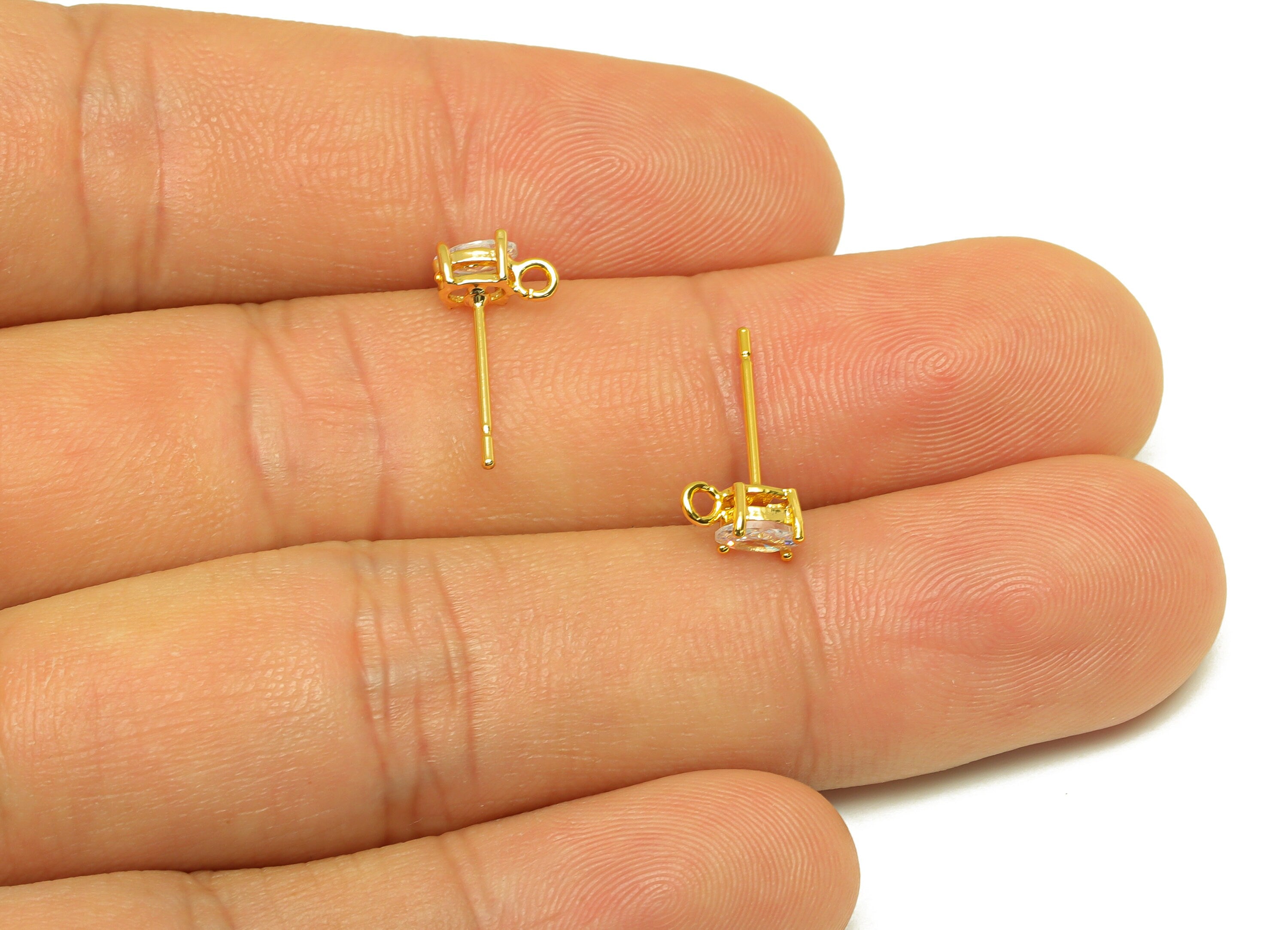 Brass CZ Oval Earring Stud - Brass Cubic Zircon Post With Loop - Brass Zircon Earring Post - 18K Real Gold Plating - 15.8x6.98x3mm - RGP7101 - DOMEDBAZAAR