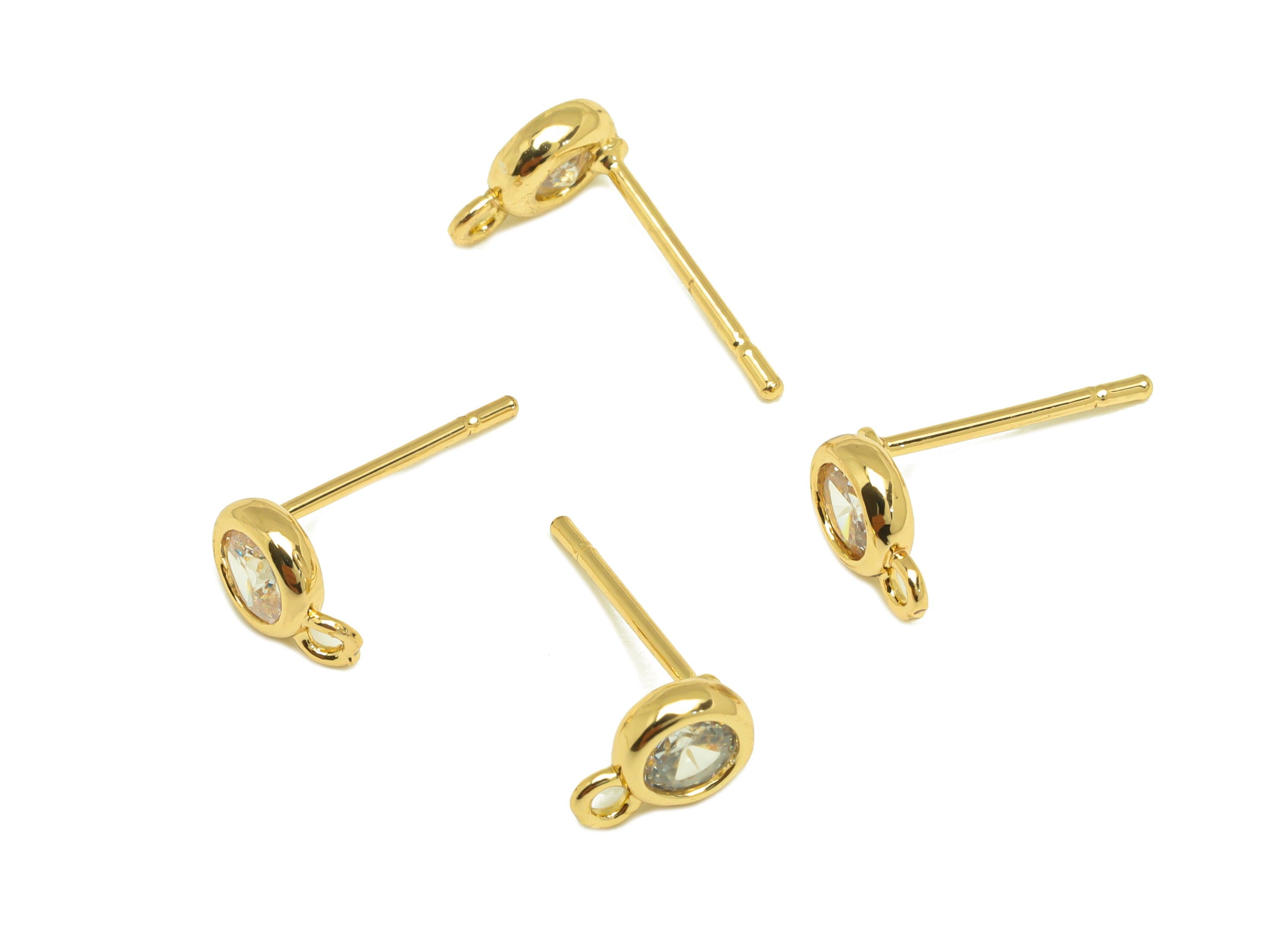 Brass Mini Round Earring Post - Brass Minimalist Cubic Zircon Earring Post With Loop - 18K Real Gold Plating - 13x7.63x5.38mm - RGP7104 - DOMEDBAZAAR