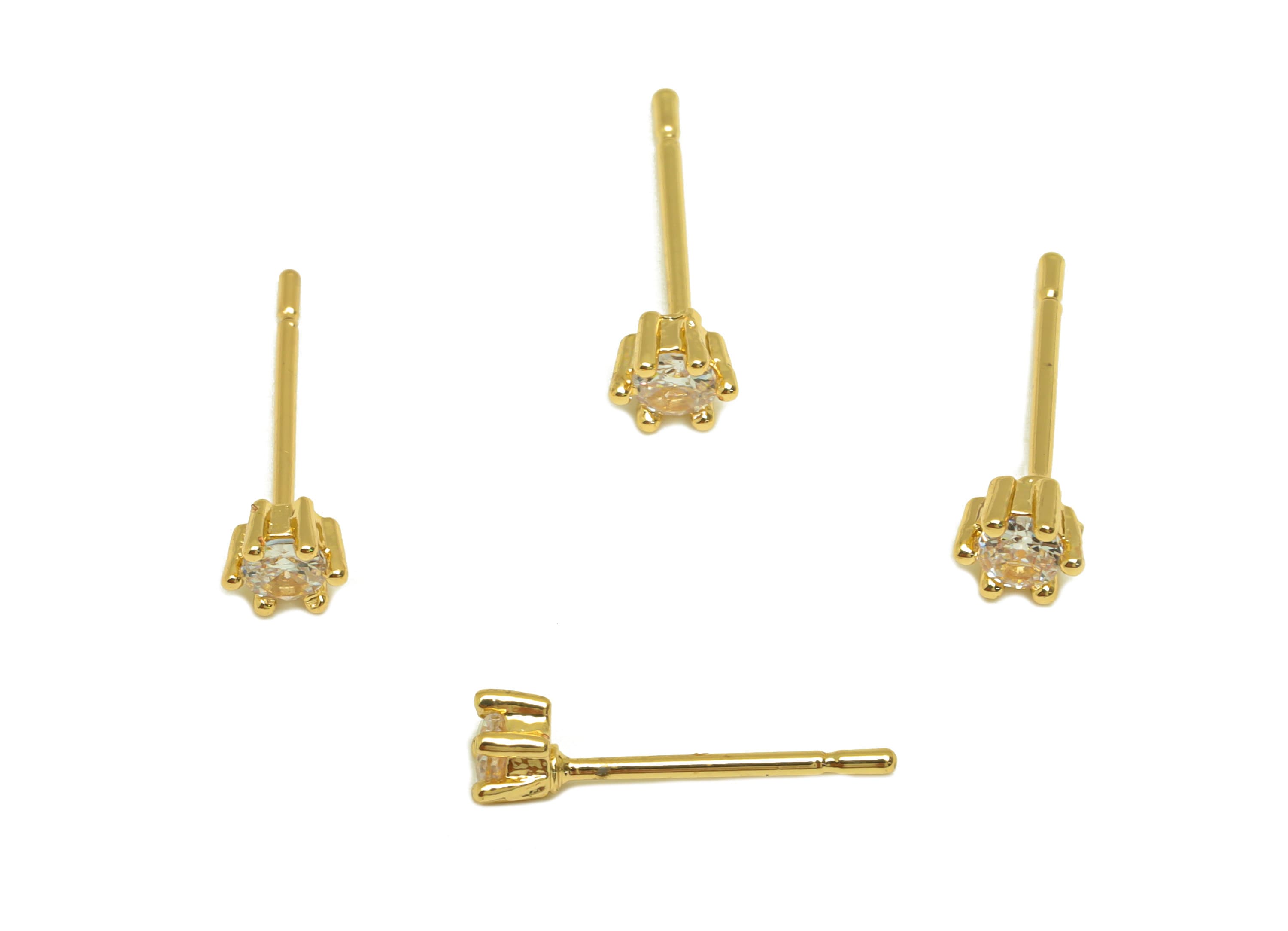Brass Mini Round Earring Post - Brass Minimalist Cubic Zircon Earring Post - 18K Real Gold Plating - 14.51x 3.94x3.94mm - RGP7103 - DOMEDBAZAAR
