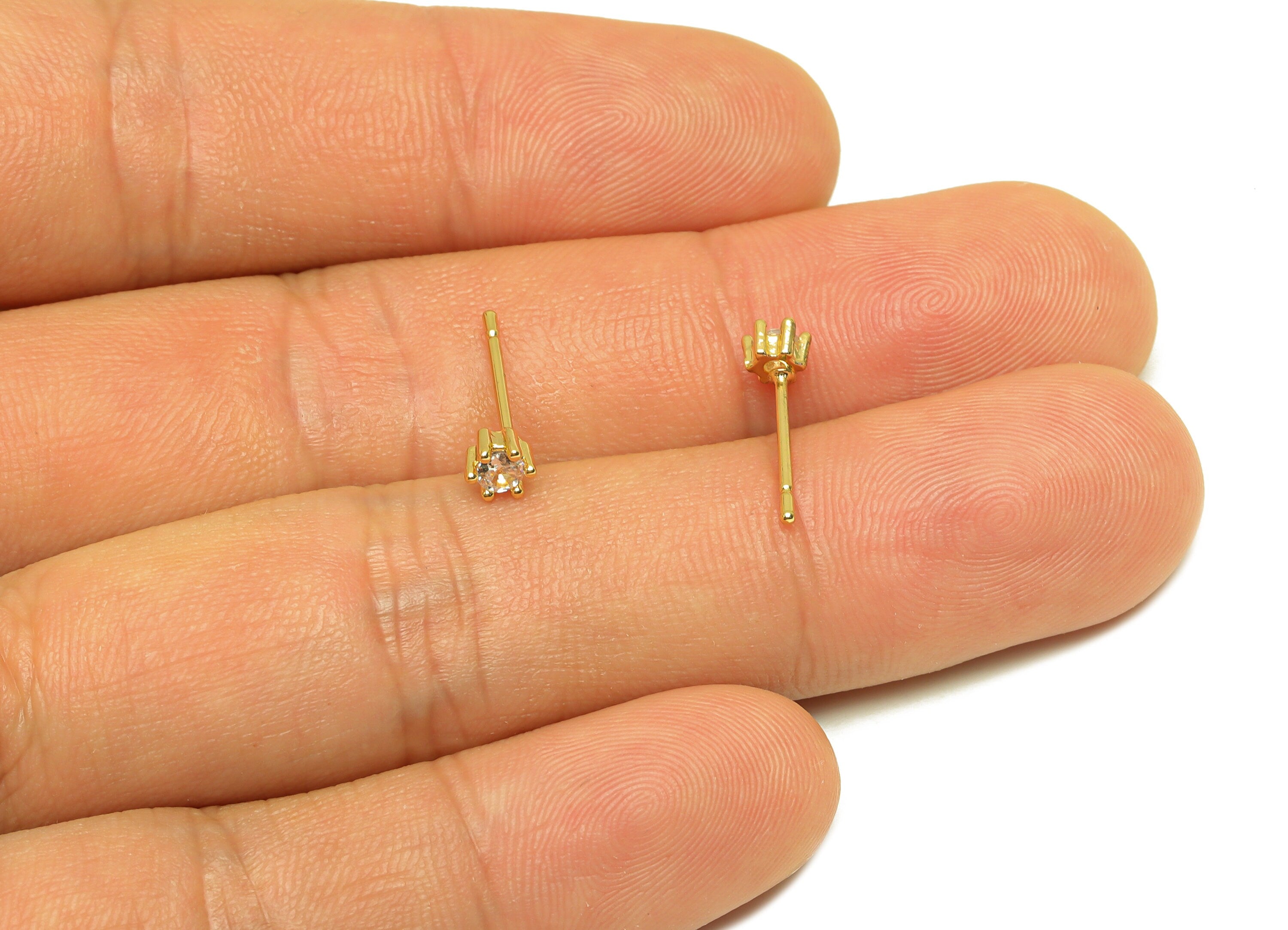 Brass Mini Round Earring Post - Brass Minimalist Cubic Zircon Earring Post - 18K Real Gold Plating - 14.51x 3.94x3.94mm - RGP7103 - DOMEDBAZAAR