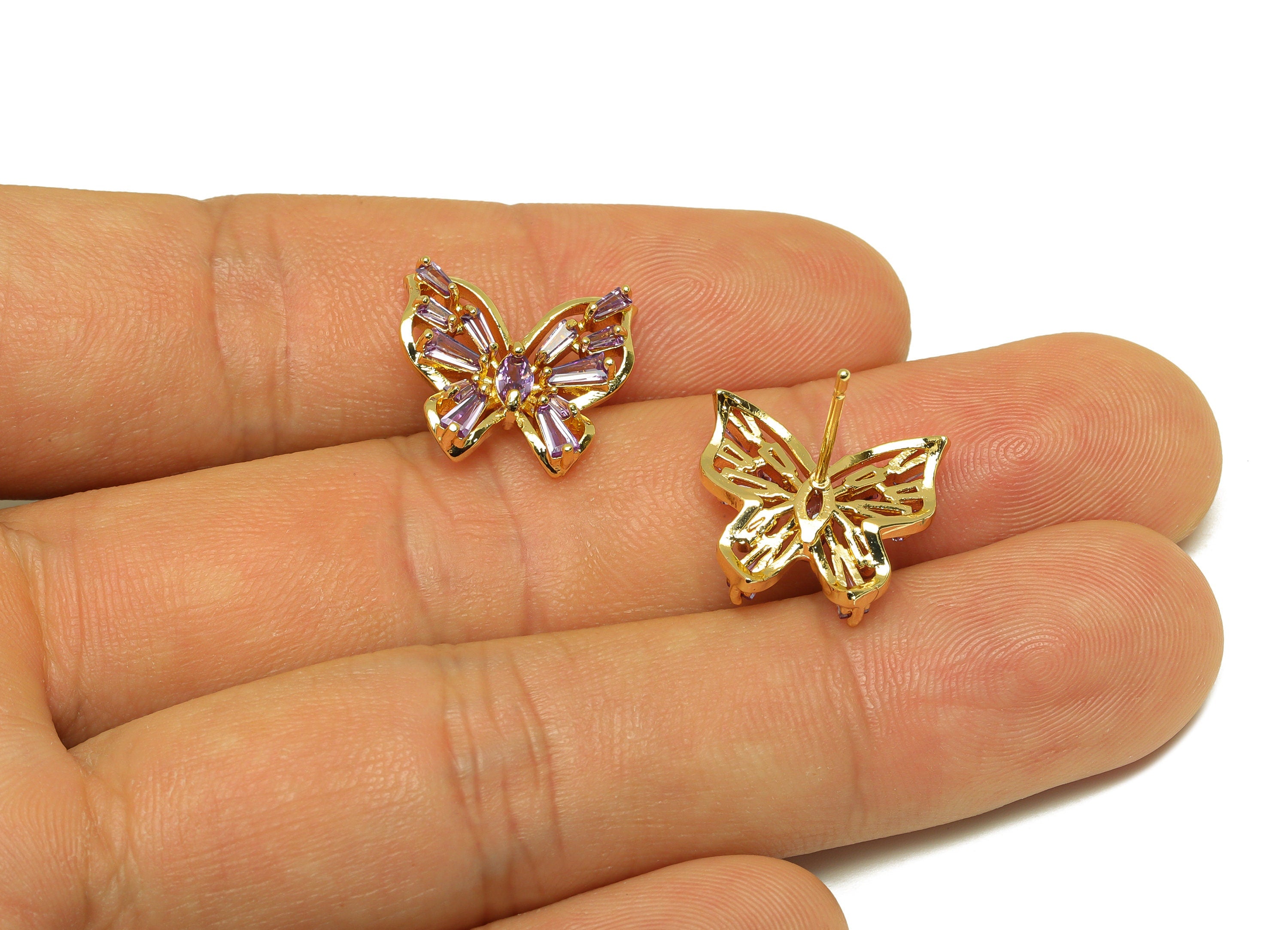 Brass CZ Butterfly Earring Stud - Brass Cubic Zircon Post - Brass Purple Butterfly Earring Post - 18K Real Gold Plating - 15x14x3mm -RGP7084 - DOMEDBAZAAR