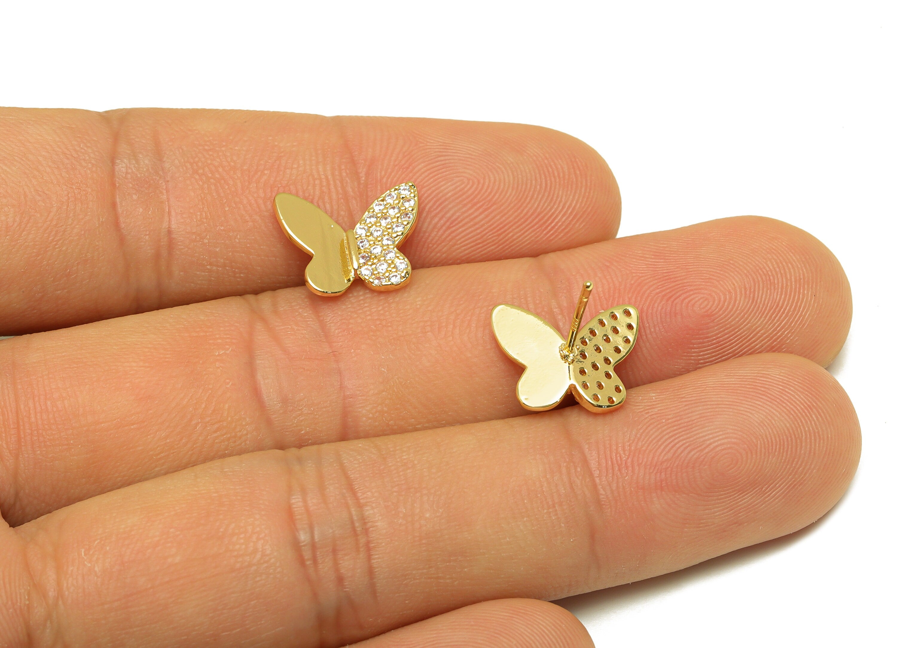 Brass CZ Butterfly Earring Stud - Brass Cubic Zircon Post - Brass CZ Butterfly Earring Post - 18K Real Gold Plating - 13x11x1.63mm - RGP7091 - DOMEDBAZAAR
